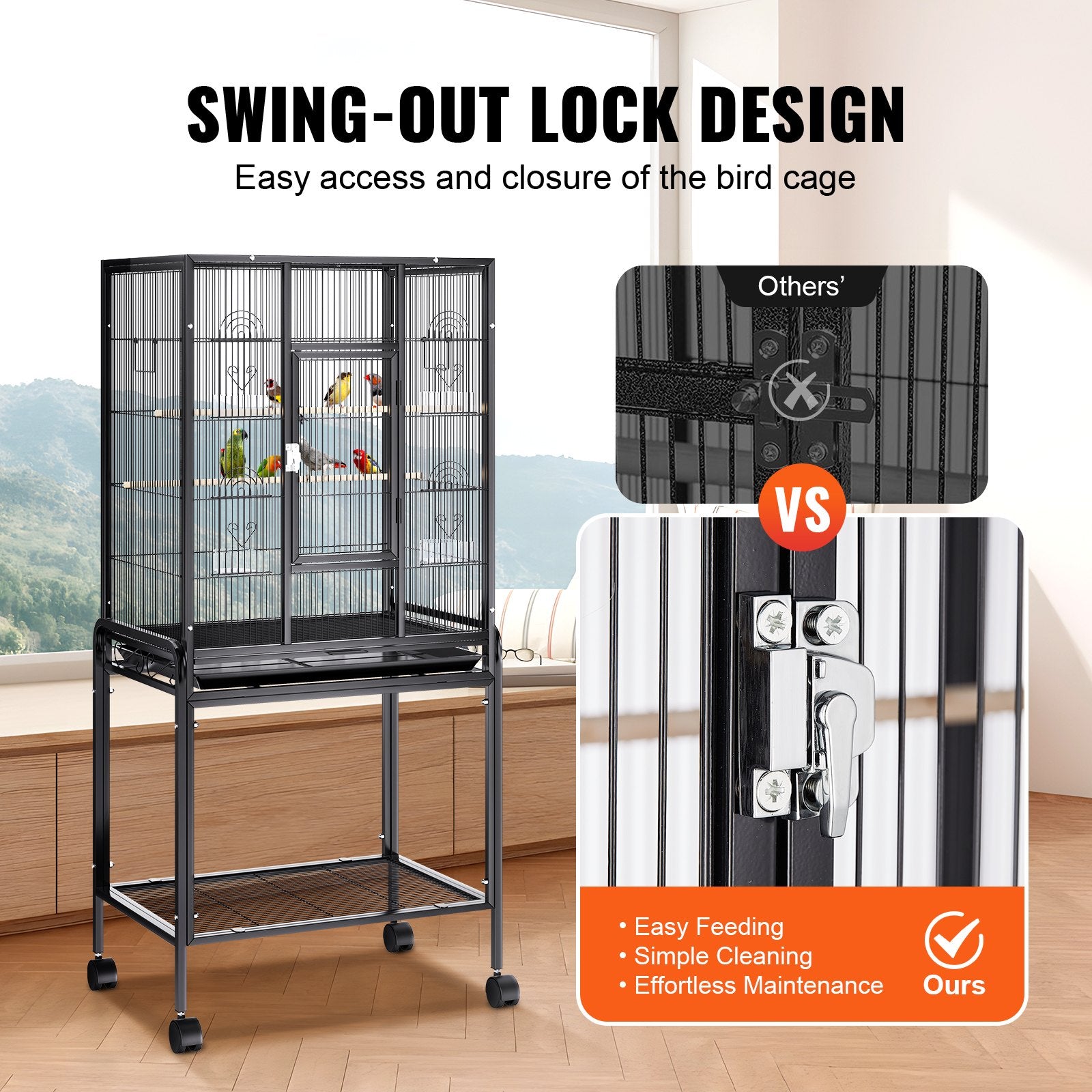 Bird Cages & Stands: VEVOR 54 inch Standing Large Bird Cage, Carbon Steel Flight Bird Cage for Parakeets, Cockatiels, Parrots, Macaw with Rolling Stand and Tray