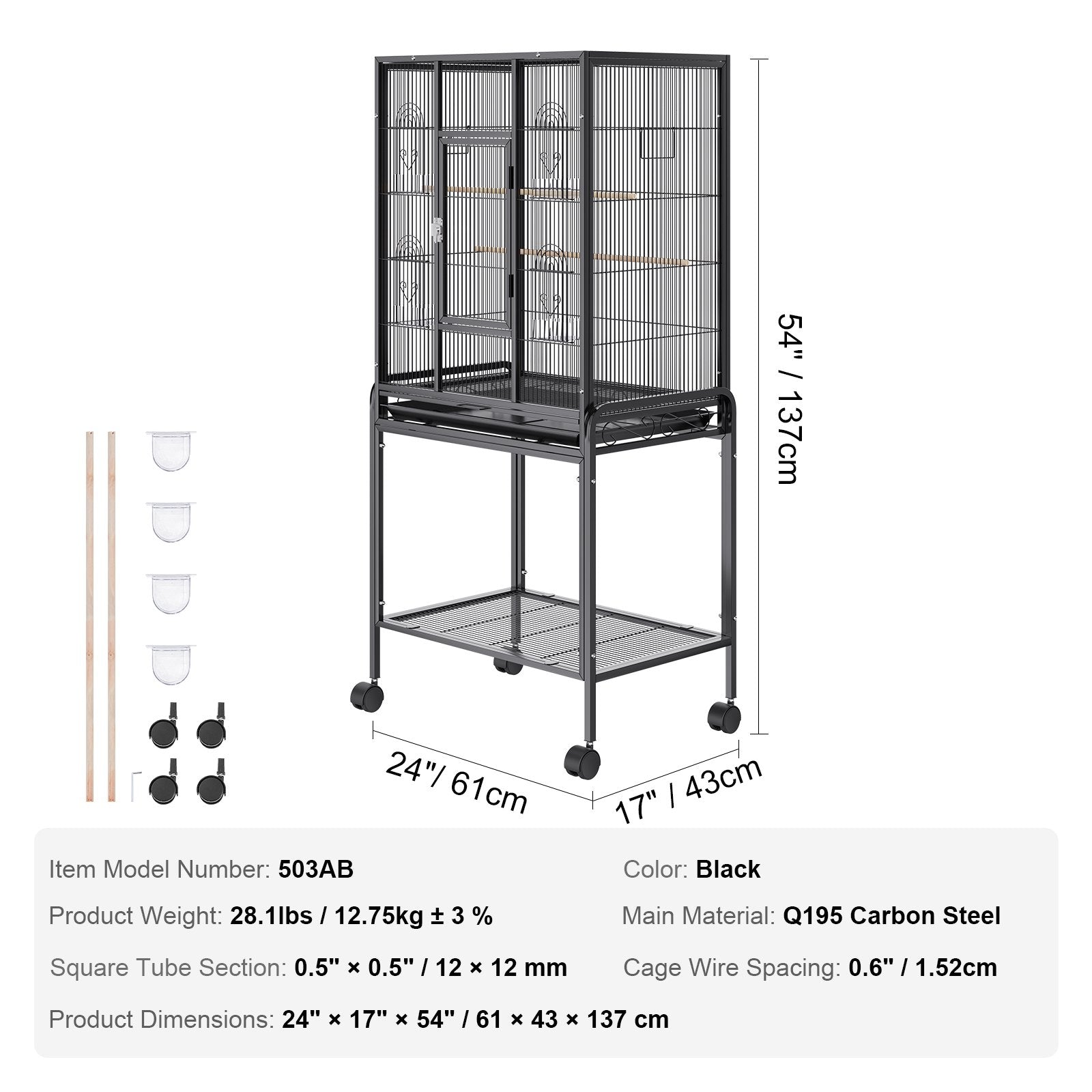 Bird Cages & Stands: VEVOR 54 inch Standing Large Bird Cage, Carbon Steel Flight Bird Cage for Parakeets, Cockatiels, Parrots, Macaw with Rolling Stand and Tray