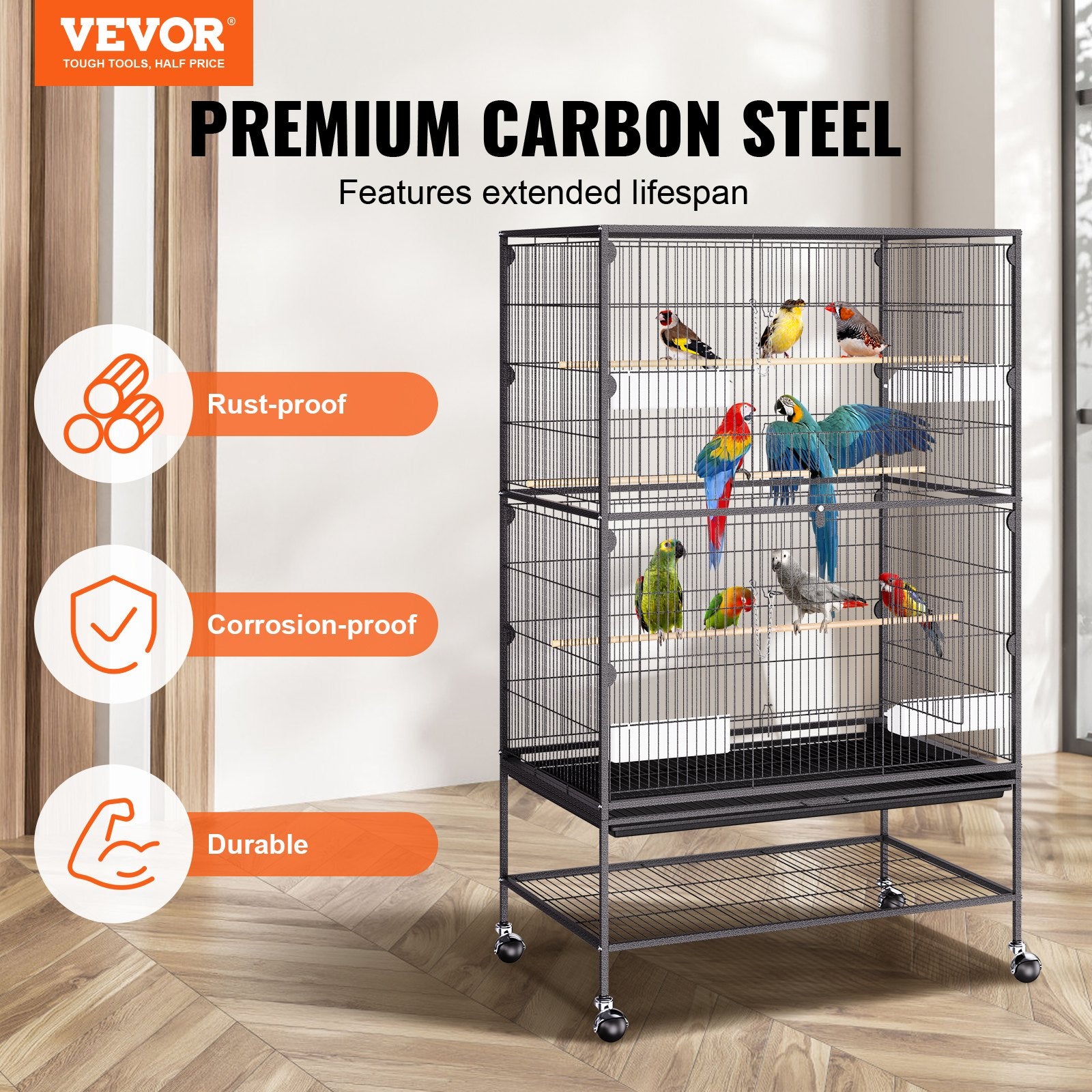 Bird Cages & Stands: VEVOR 52 inch Standing Large Bird Cage, Carbon Steel Flight Bird Cage for Parakeets, Cockatiels, Parrots, Macaw with Rolling Stand and Tray
