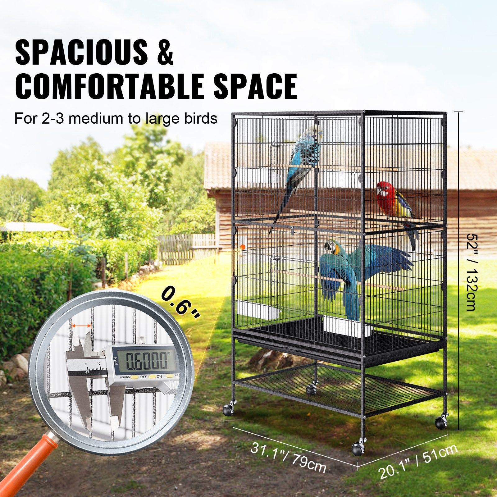 Bird Cages & Stands: VEVOR 52 inch Standing Large Bird Cage, Carbon Steel Flight Bird Cage for Parakeets, Cockatiels, Parrots, Macaw with Rolling Stand and Tray