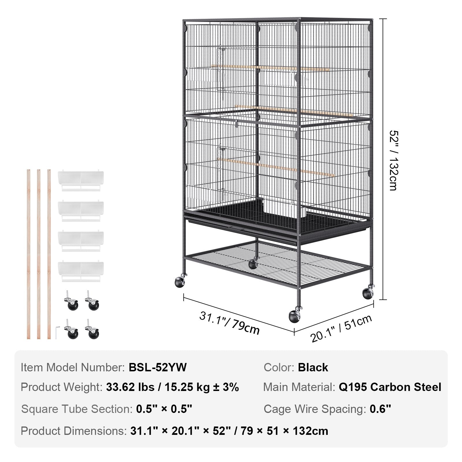 Bird Cages & Stands: VEVOR 52 inch Standing Large Bird Cage, Carbon Steel Flight Bird Cage for Parakeets, Cockatiels, Parrots, Macaw with Rolling Stand and Tray