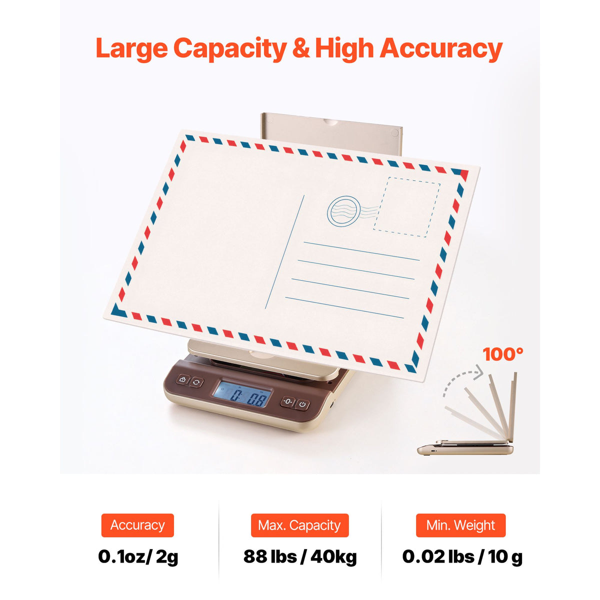 Digital Shipping Postal Scale, 2 g High Accuracy, 40 kg Postal Scale with Hold/Tare/Auto-off Function, Flip Holder Design & Easy Calibration, Fit for Home and Office Use, Battery Included