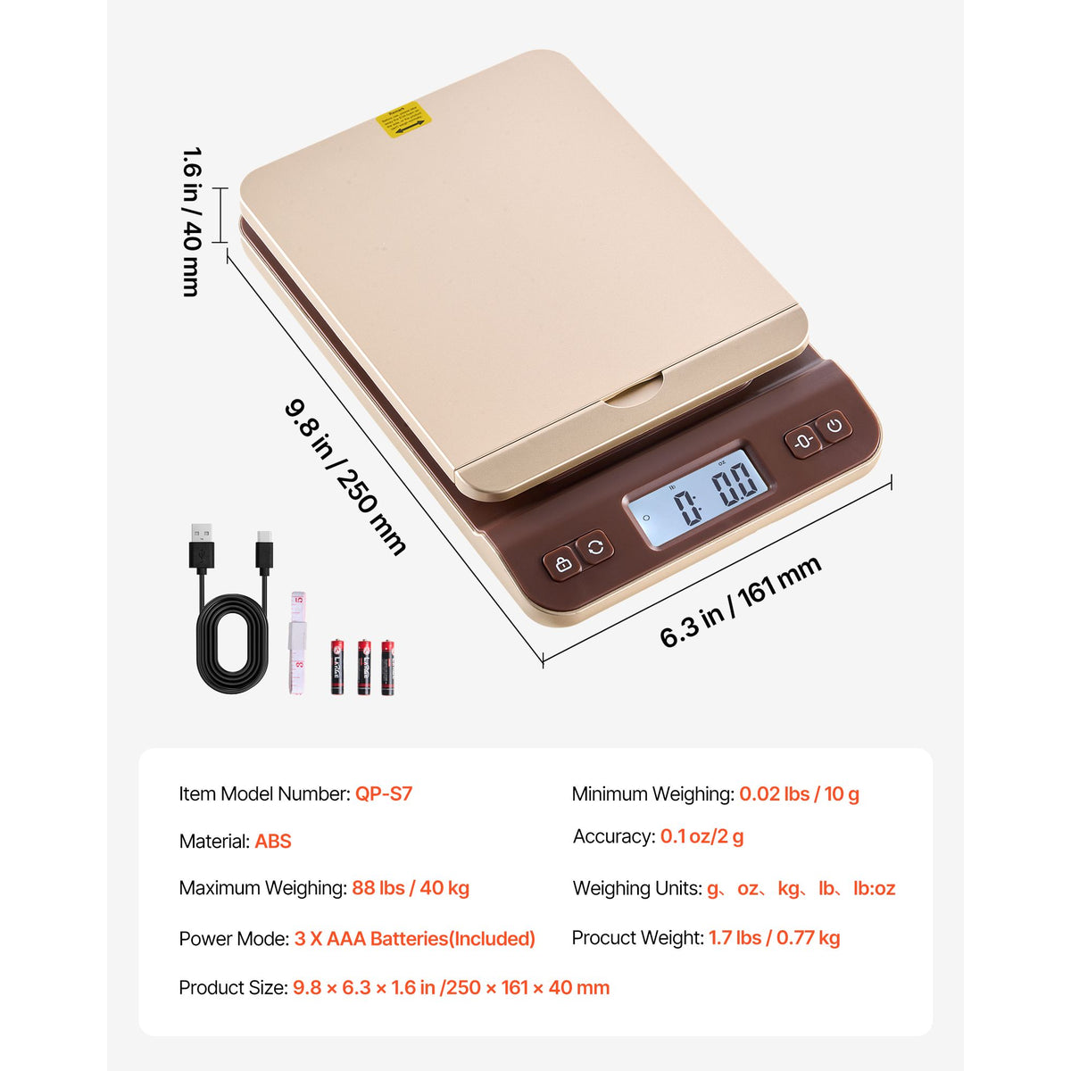 Digital Shipping Postal Scale, 2 g High Accuracy, 40 kg Postal Scale with Hold/Tare/Auto-off Function, Flip Holder Design & Easy Calibration, Fit for Home and Office Use, Battery Included
