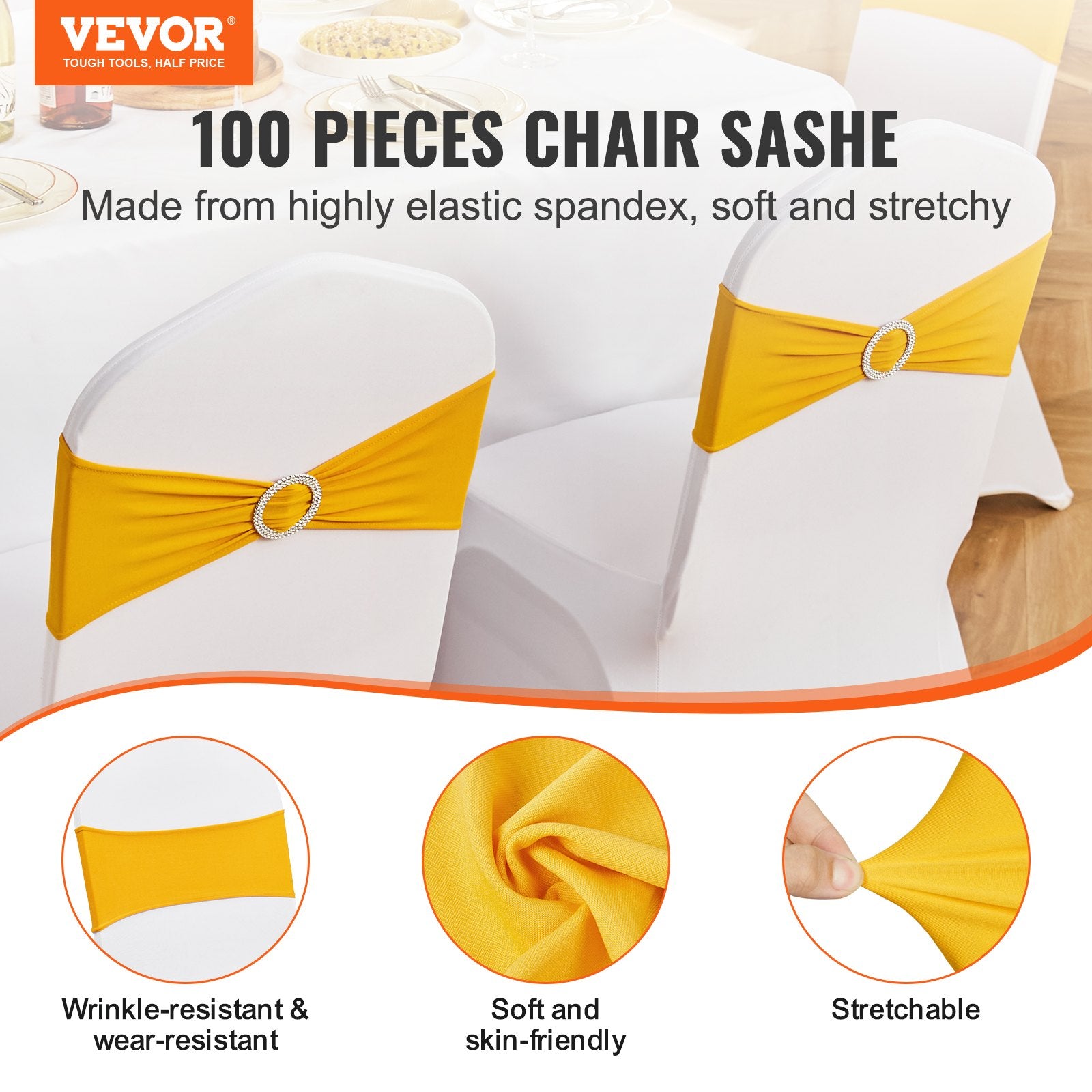 Dining Set: VEVOR Stretch Spandex Chair Sashes, Chair Slipcover and Stretch Chair Sash with Round Buckle, Elastic Chair Bands, Fitting Wedding, Holiday, Banquet, Party Chair Decoration (100 PCS Golden Yellow)