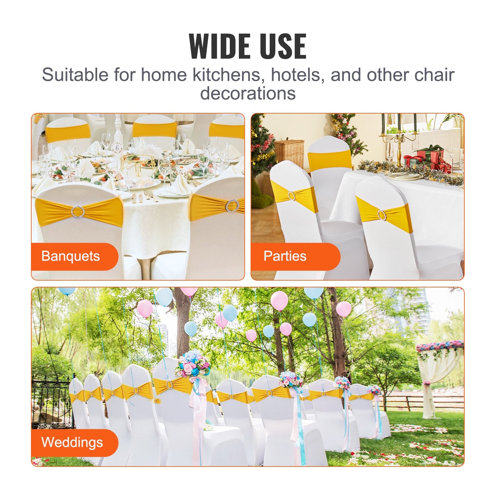 Dining Set: VEVOR Stretch Spandex Chair Sashes, Chair Slipcover and Stretch Chair Sash with Round Buckle, Elastic Chair Bands, Fitting Wedding, Holiday, Banquet, Party Chair Decoration (100 PCS Golden Yellow)