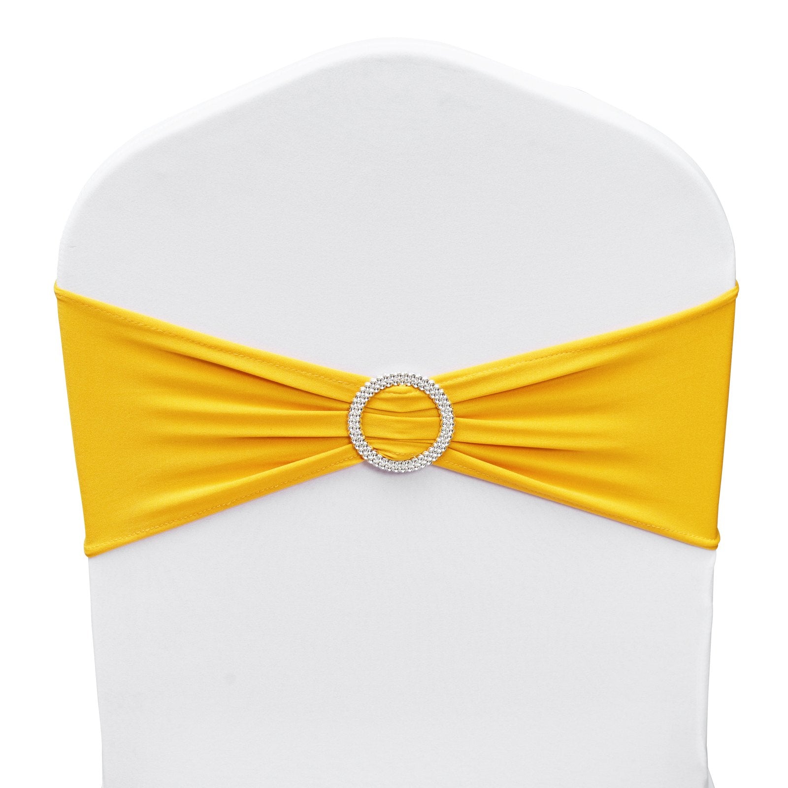 Dining Set: VEVOR Stretch Spandex Chair Sashes, Chair Slipcover and Stretch Chair Sash with Round Buckle, Elastic Chair Bands, Fitting Wedding, Holiday, Banquet, Party Chair Decoration (100 PCS Golden Yellow)