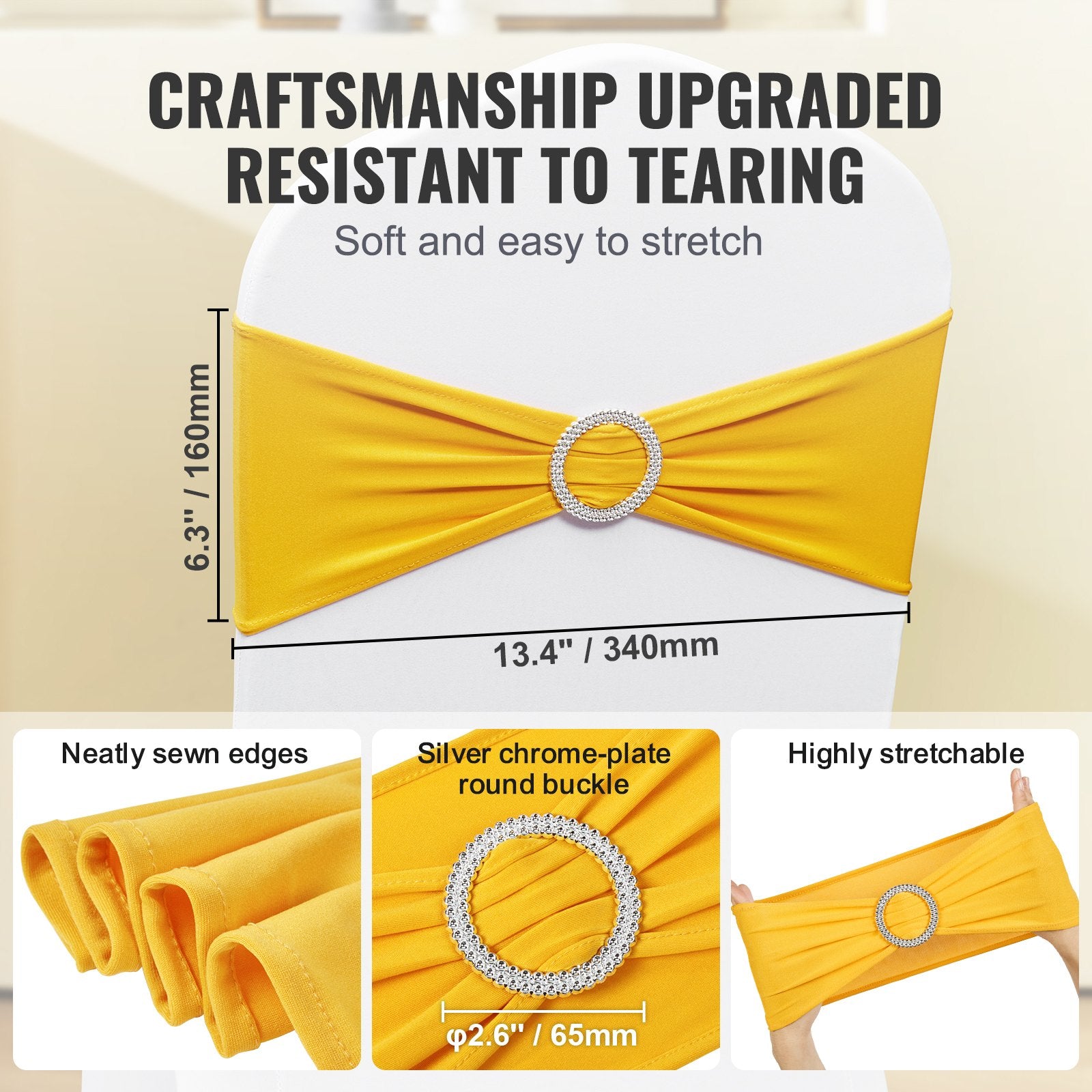 Dining Set: VEVOR Stretch Spandex Chair Sashes, Chair Slipcover and Stretch Chair Sash with Round Buckle, Elastic Chair Bands, Fitting Wedding, Holiday, Banquet, Party Chair Decoration (50 PCS Golden Yellow)