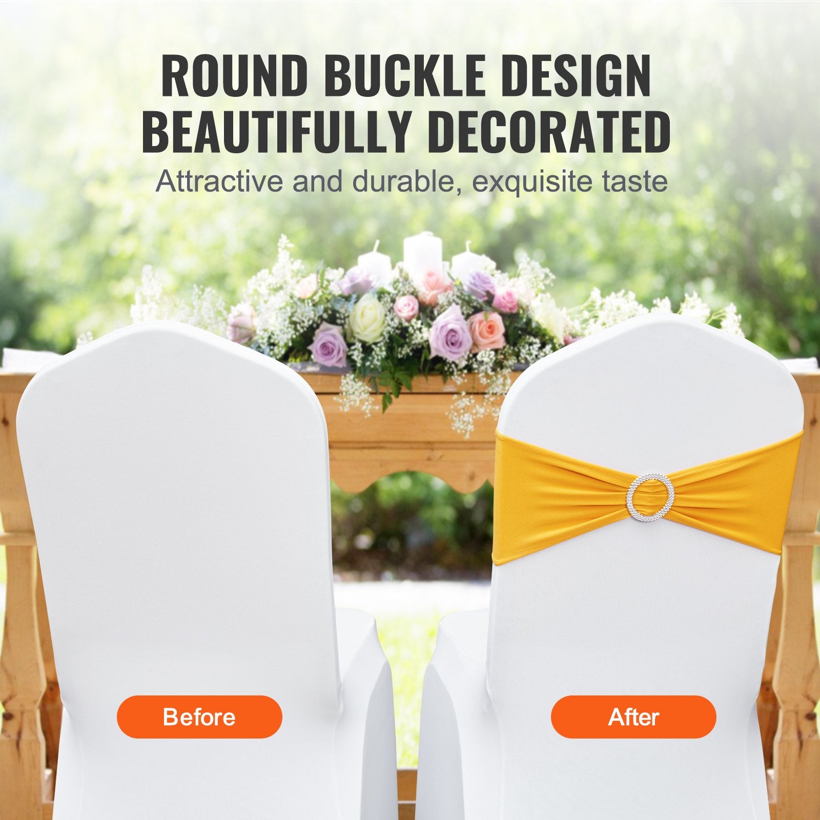Dining Set: VEVOR Stretch Spandex Chair Sashes, Chair Slipcover and Stretch Chair Sash with Round Buckle, Elastic Chair Bands, Fitting Wedding, Holiday, Banquet, Party Chair Decoration (50 PCS Golden Yellow)