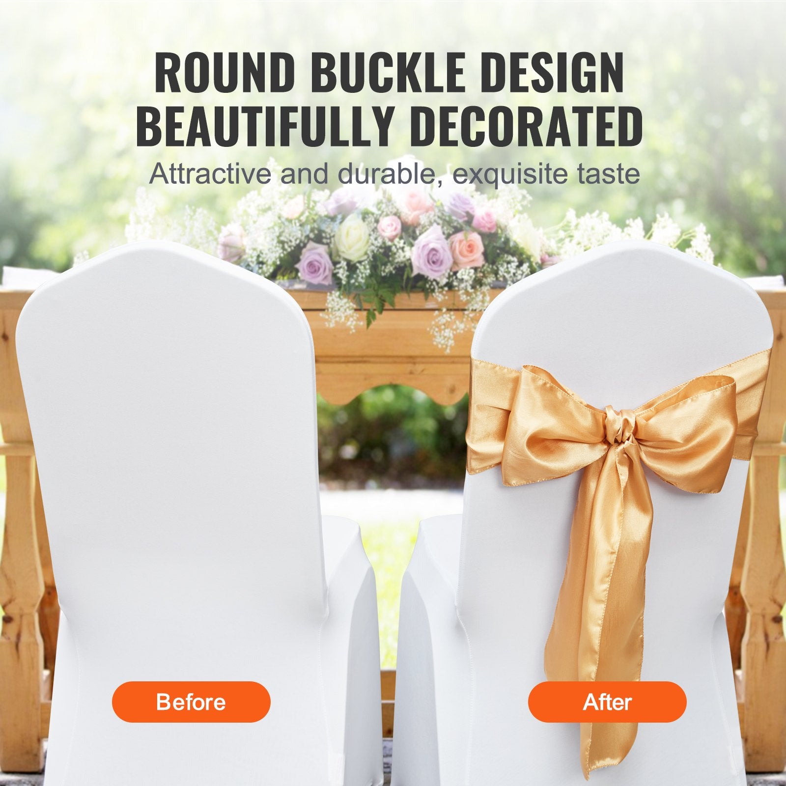 Dining Set: VEVOR Stretch Spandex Chair Sashes Bows, Chair Slipcover and Stretch Chair Sash, Elastic Chair Bands, Fitting Wedding, Holiday, Banquet, Party, Celebration Chair Decoration (50 PCS Gold)