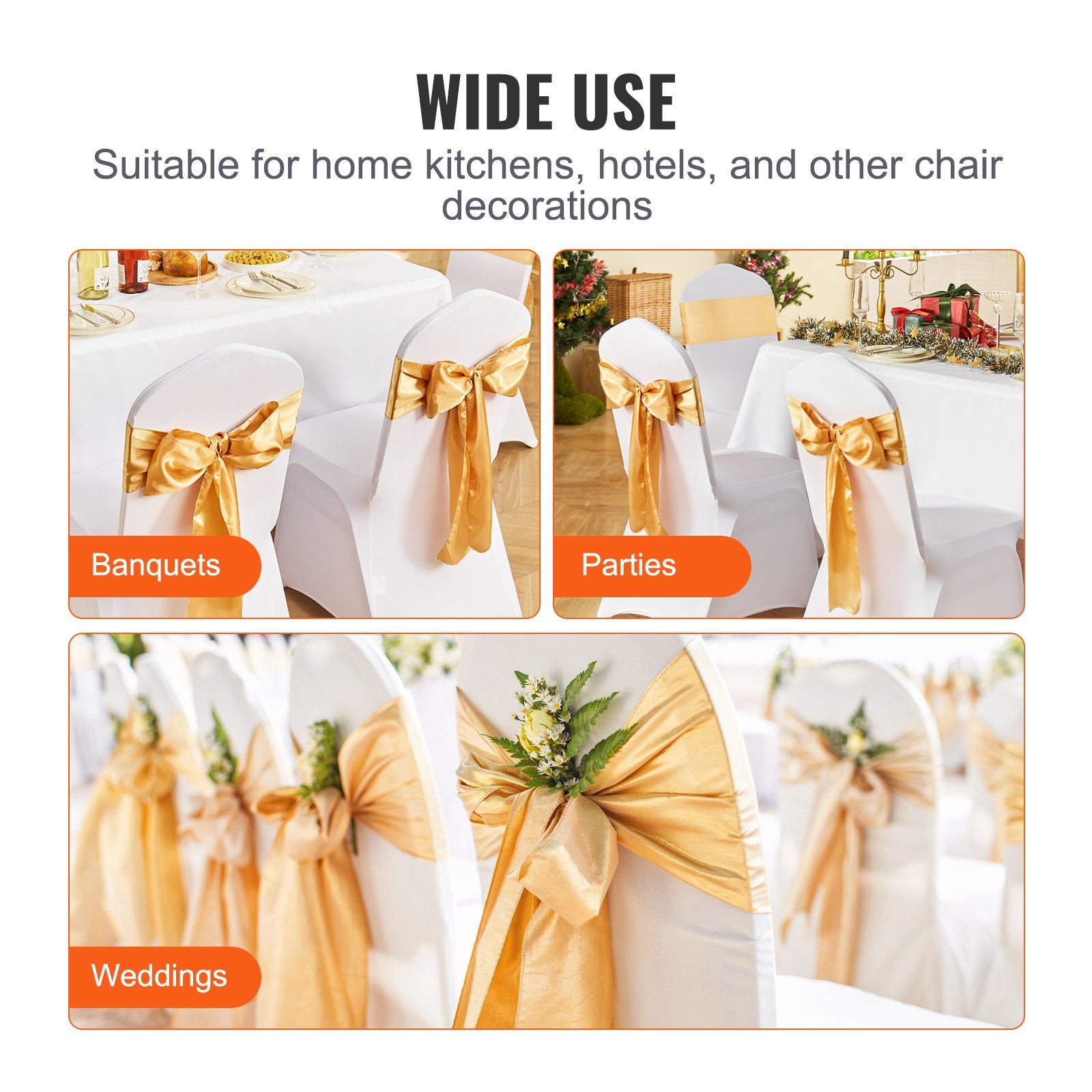 Dining Set: VEVOR Stretch Spandex Chair Sashes Bows, Chair Slipcover and Stretch Chair Sash, Elastic Chair Bands, Fitting Wedding, Holiday, Banquet, Party, Celebration Chair Decoration (50 PCS Gold)