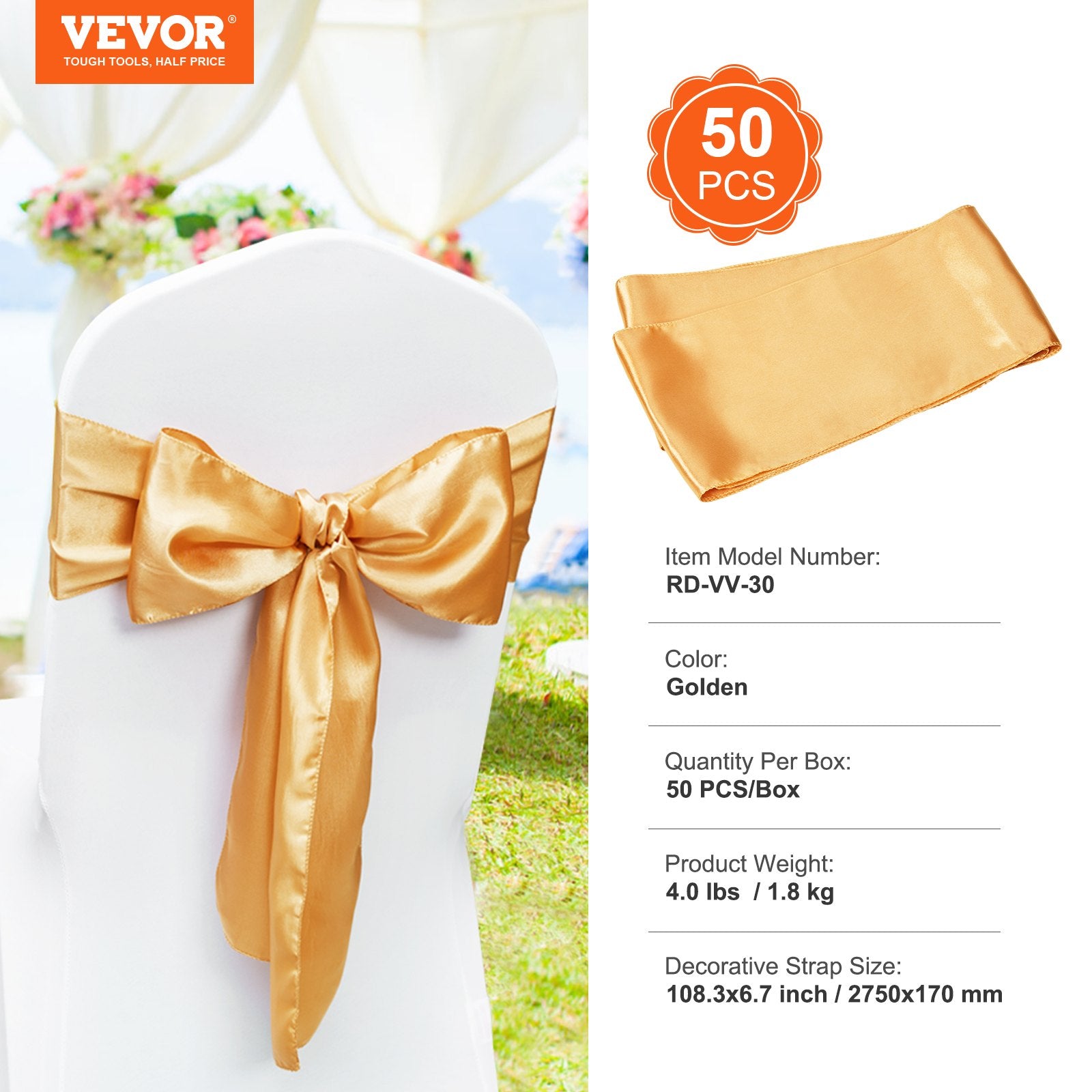 Dining Set: VEVOR Stretch Spandex Chair Sashes Bows, Chair Slipcover and Stretch Chair Sash, Elastic Chair Bands, Fitting Wedding, Holiday, Banquet, Party, Celebration Chair Decoration (50 PCS Gold)