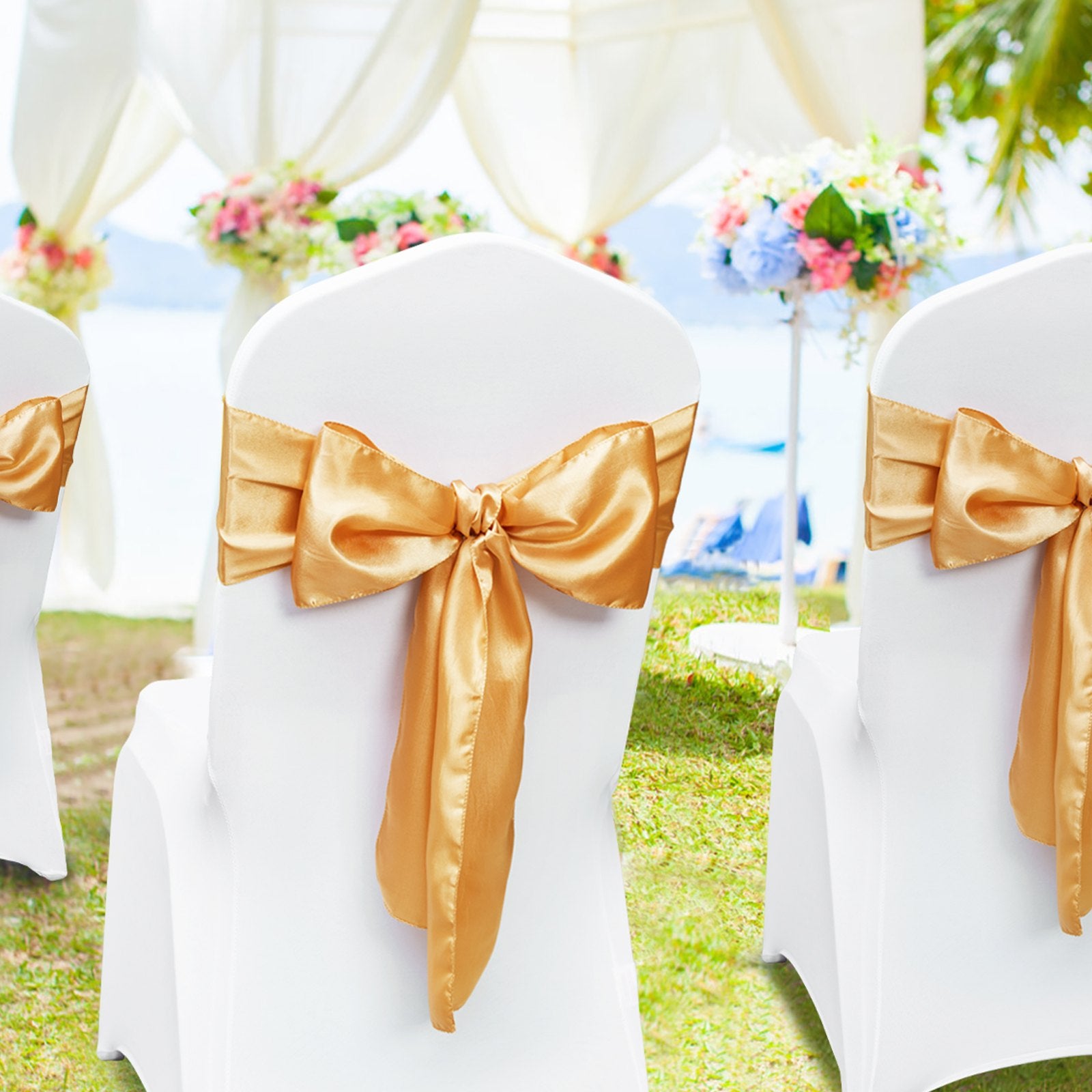 Dining Set: VEVOR Stretch Spandex Chair Sashes Bows, Chair Slipcover and Stretch Chair Sash, Elastic Chair Bands, Fitting Wedding, Holiday, Banquet, Party, Celebration Chair Decoration (50 PCS Gold)