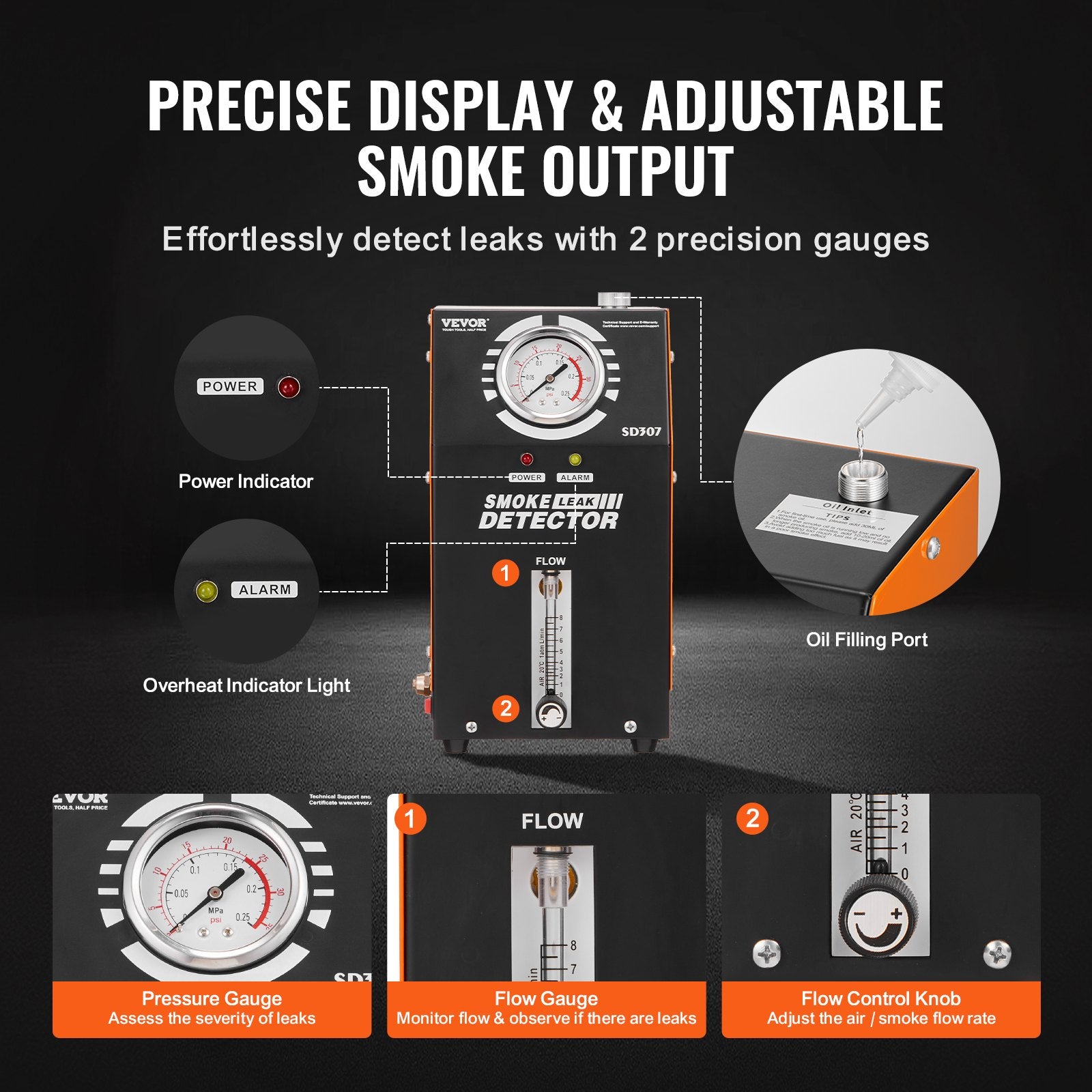 Automotive Smoke Machine Leak Detector, EVAP Vacuum Fuel Leak Tester with Built-in Air Pump, Pressure Gauge & Flow Meter, 2-Mode Vacuum Pipe Fuel Diagnostic Detector for 12V Cars Trucks Boats