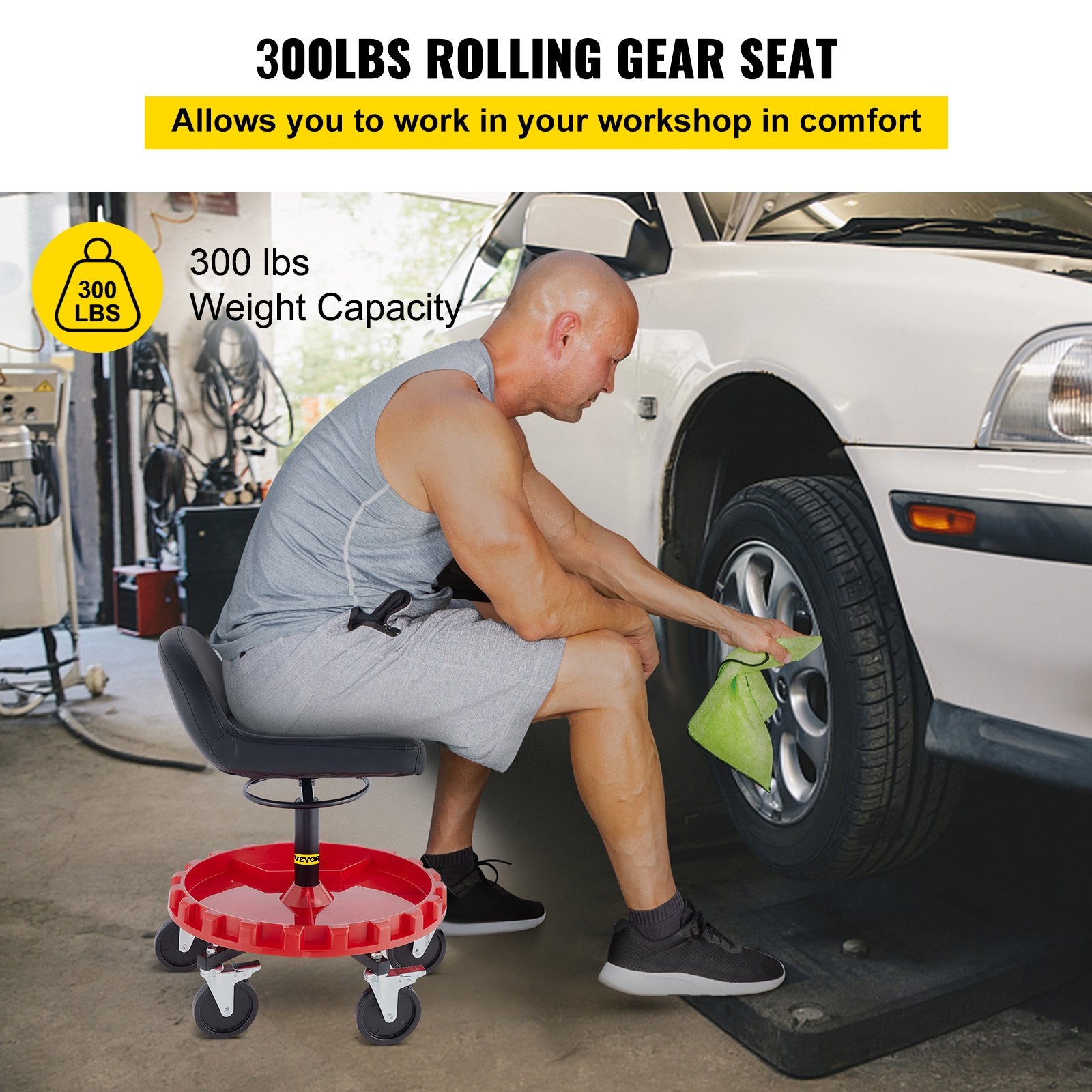 Towel Racks & Holders: VEVOR Shop Stool, 135 kg Rolling Garage Stool, 56 cm to 66 cm Adjustable Height Mobile Rolling Gear Seat, Round Tray Garage Pneumatic Stool, All-Terrain 12.7 cm Casters with Two Brakes Mechanic Seat