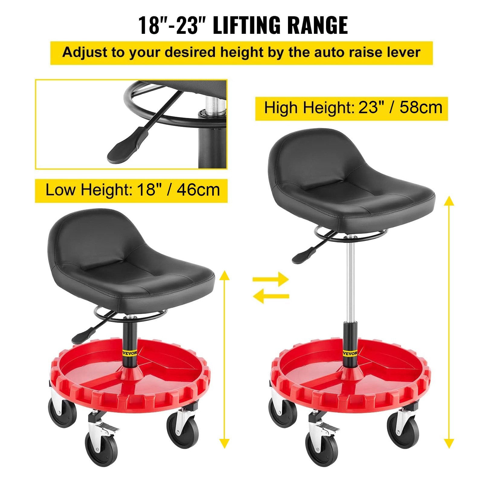 Towel Racks & Holders: VEVOR Shop Stool, 135 kg Rolling Garage Stool, 56 cm to 66 cm Adjustable Height Mobile Rolling Gear Seat, Round Tray Garage Pneumatic Stool, All-Terrain 12.7 cm Casters with Two Brakes Mechanic Seat