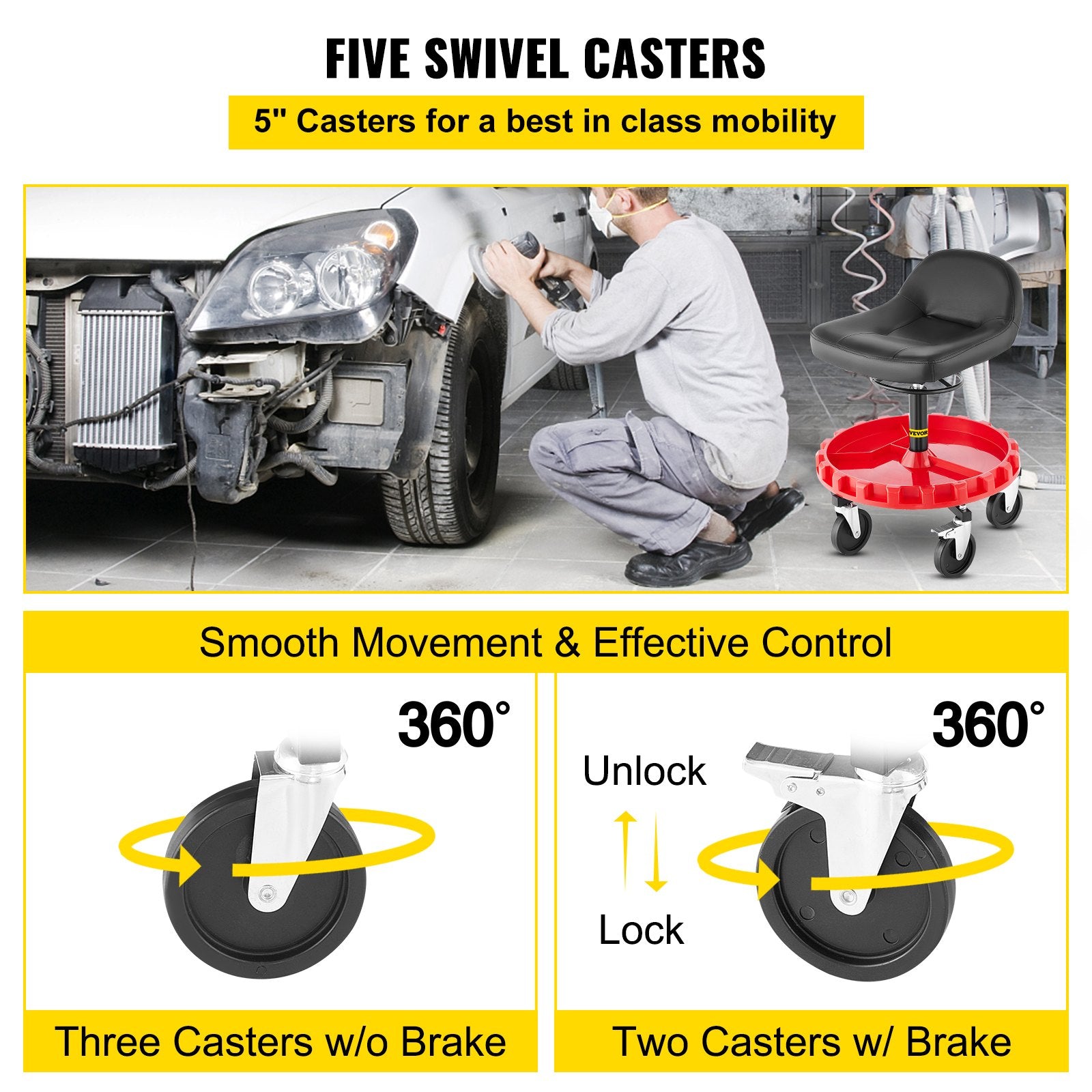 Towel Racks & Holders: VEVOR Shop Stool, 135 kg Rolling Garage Stool, 56 cm to 66 cm Adjustable Height Mobile Rolling Gear Seat, Round Tray Garage Pneumatic Stool, All-Terrain 12.7 cm Casters with Two Brakes Mechanic Seat