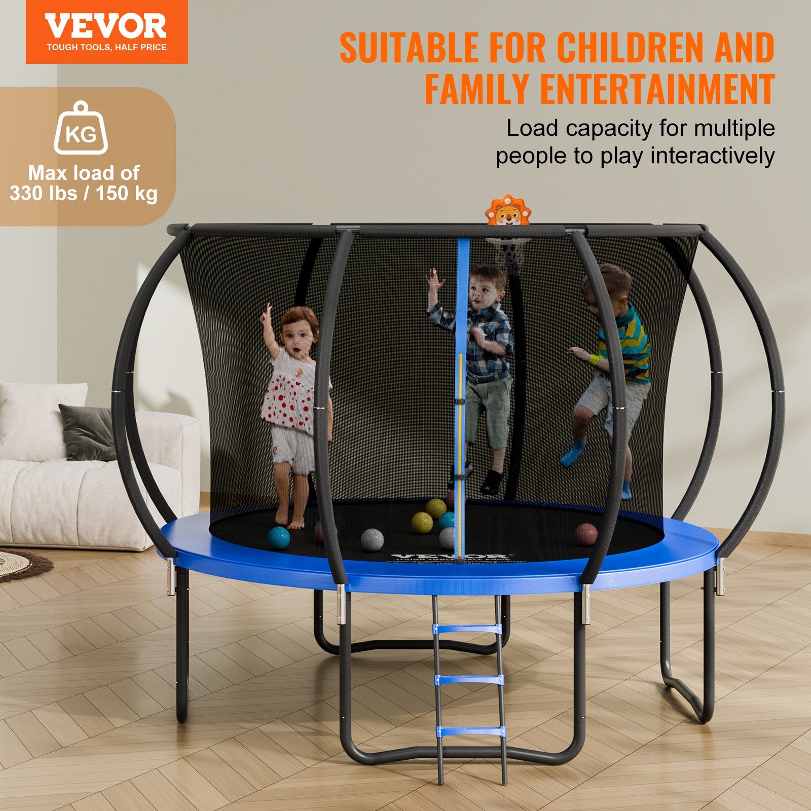 Trampolines & Accessories: VEVOR 10FT Trampoline, 330 lbs Trampoline with Enclosure Net, Ladder, and Curved Pole, Heavy Duty Trampoline with Jumping Mat and Spring Cover Padding, Outdoor Recreational Trampolines for Kids Adults
