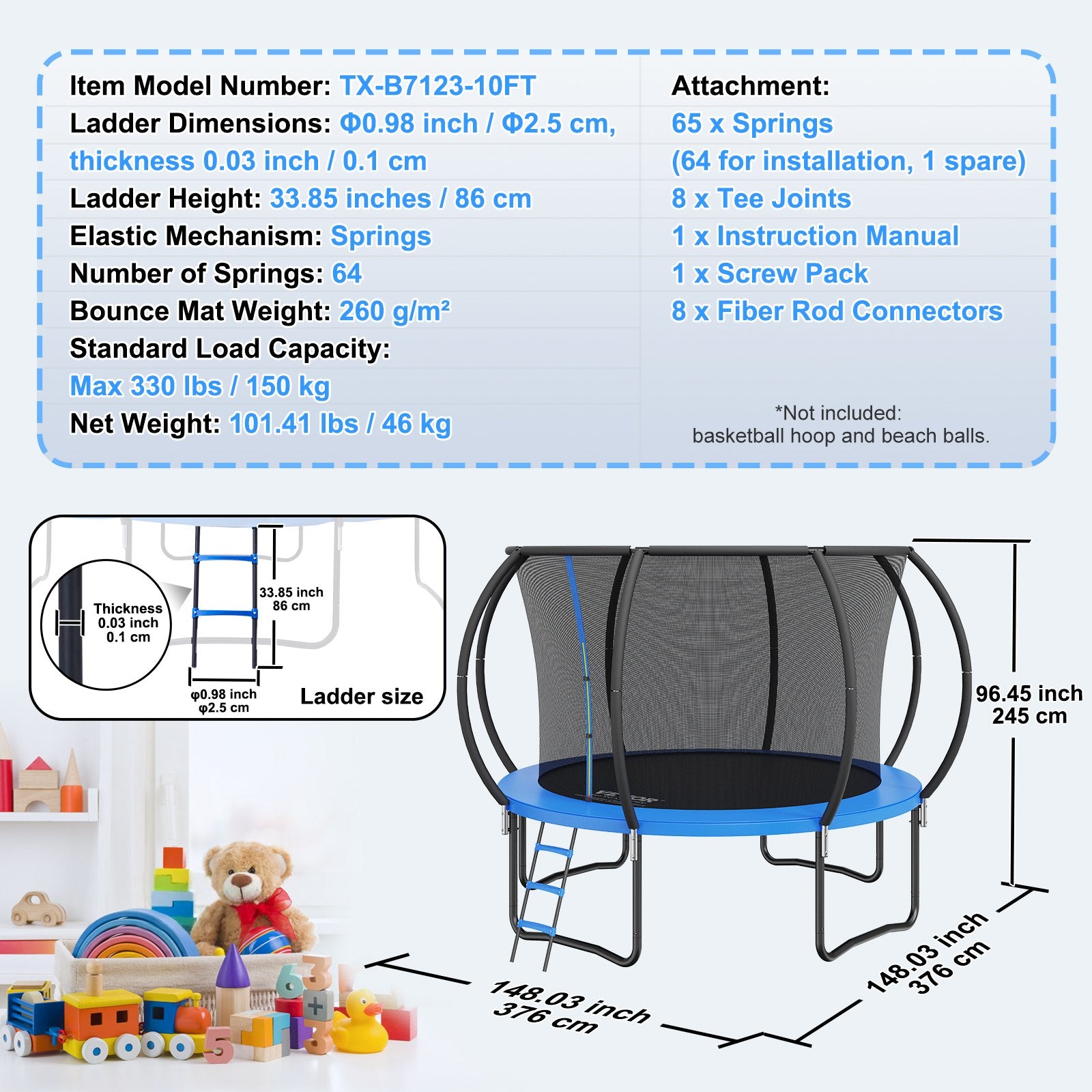 Trampolines & Accessories: VEVOR 10FT Trampoline, 330 lbs Trampoline with Enclosure Net, Ladder, and Curved Pole, Heavy Duty Trampoline with Jumping Mat and Spring Cover Padding, Outdoor Recreational Trampolines for Kids Adults