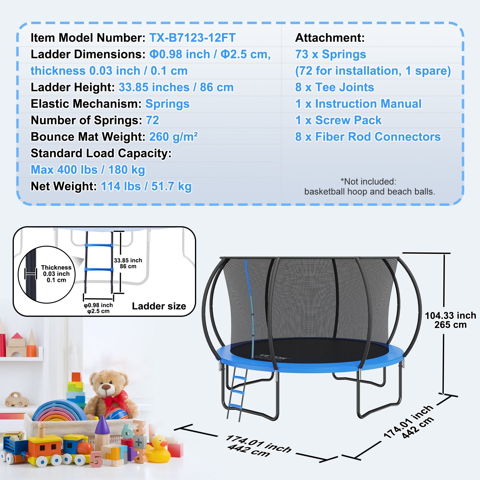 3.66m Trampoline, 181 kg Trampoline with Enclosure Net, Ladder, and Curved Pole, Heavy Duty Trampoline with Jumping Mat and Spring Cover Padding, Outdoor Recreational Trampolines for Kids Adults