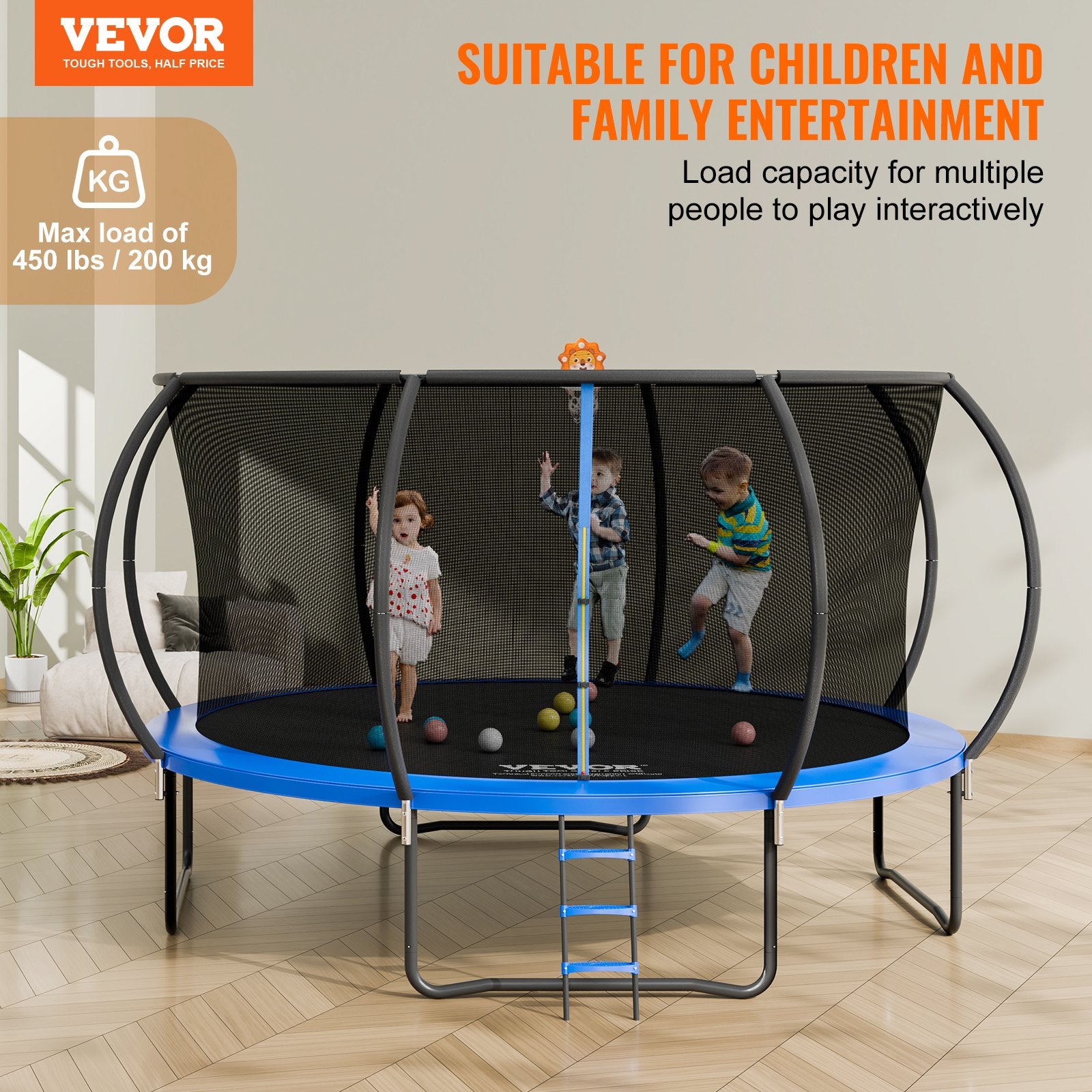 Trampolines & Accessories: VEVOR 14FT Trampoline, 450 lbs Trampoline with Enclosure Net, Ladder, and Curved Pole, Heavy Duty Trampoline with Jumping Mat and Spring Cover Padding, Outdoor Recreational Trampolines for Kids Adults