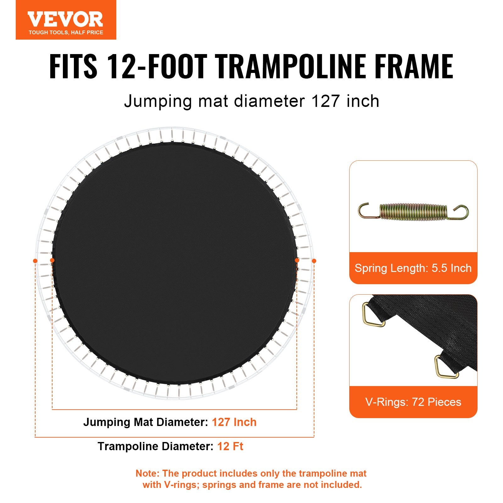 Beds & Bed Frames: VEVOR Replacement Trampoline Mat Fits 12ft Frame 72 V-Rings 5.5" Spring Length