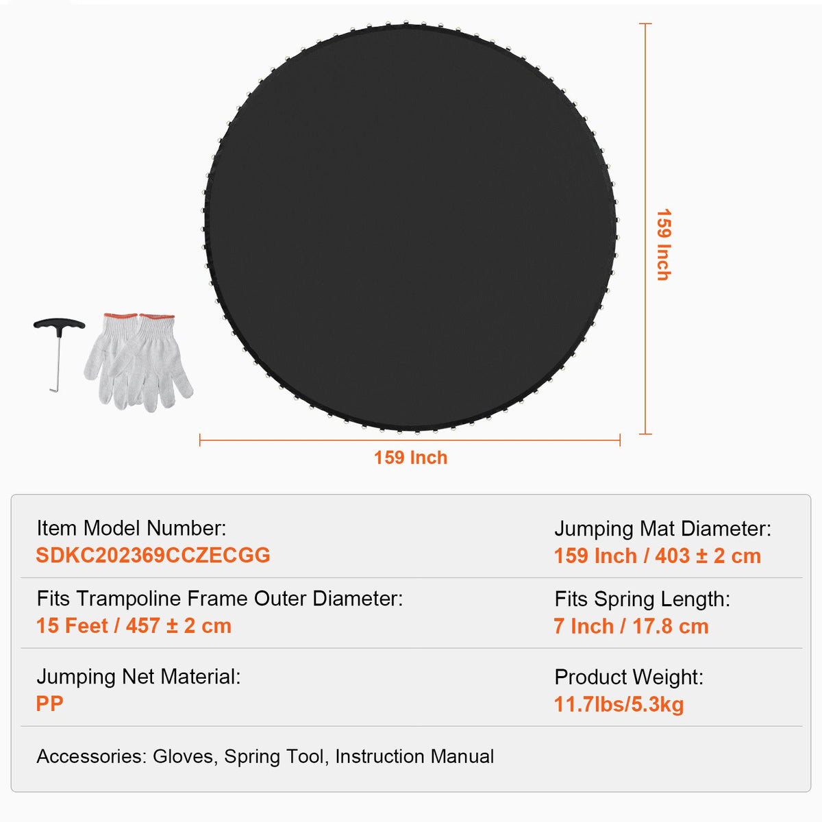 Replacement Trampoline Mat, Jumping Mat Fits 15ft Frame, Universal Jumping Mat for 15ft Round Trampoline, Reinforce UV-Resistant Mat with Spring Tool & Durable V-Rings, Fit 7" Spring Length