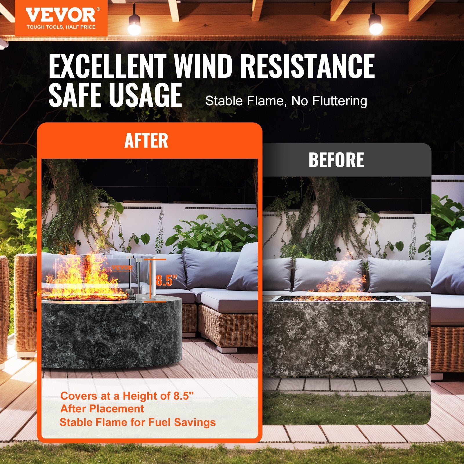 Fire Pits: VEVOR Fire Pit Wind Guard, 26 x 26 x 6 Inch Glass Flame Guard, Round Glass Shield, 1/4-Inch Thick Fire Table, Clear Tempered Glass Flame Guard, Steady Feet Tree Pit Guard for Propane, Gas, Outdoor
