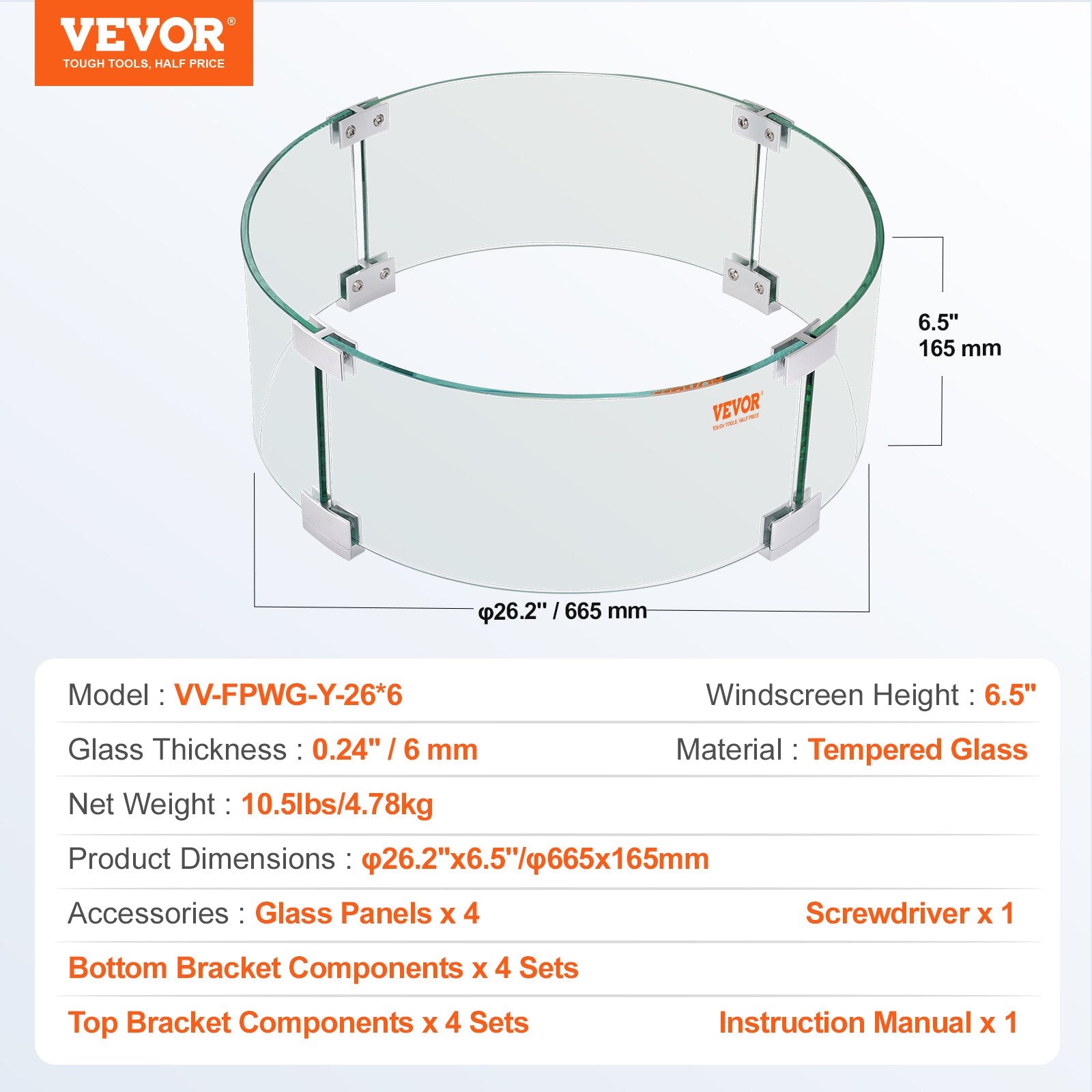 Fire Pits: VEVOR Fire Pit Wind Guard, 26 x 26 x 6 Inch Glass Flame Guard, Round Glass Shield, 1/4-Inch Thick Fire Table, Clear Tempered Glass Flame Guard, Steady Feet Tree Pit Guard for Propane, Gas, Outdoor