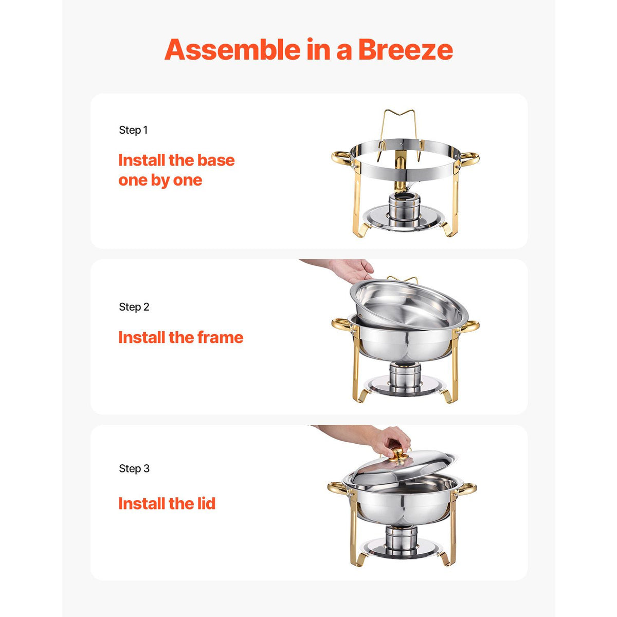 Chafing Dish Buffet Set, 5 Qt 4 Pack, Stainless Steel Chafer with 4 Full Size Pans, Round Catering Warmer Server with Lid Water Pan Folding Stand Clip, for Weddings Parties Banquets, Gold