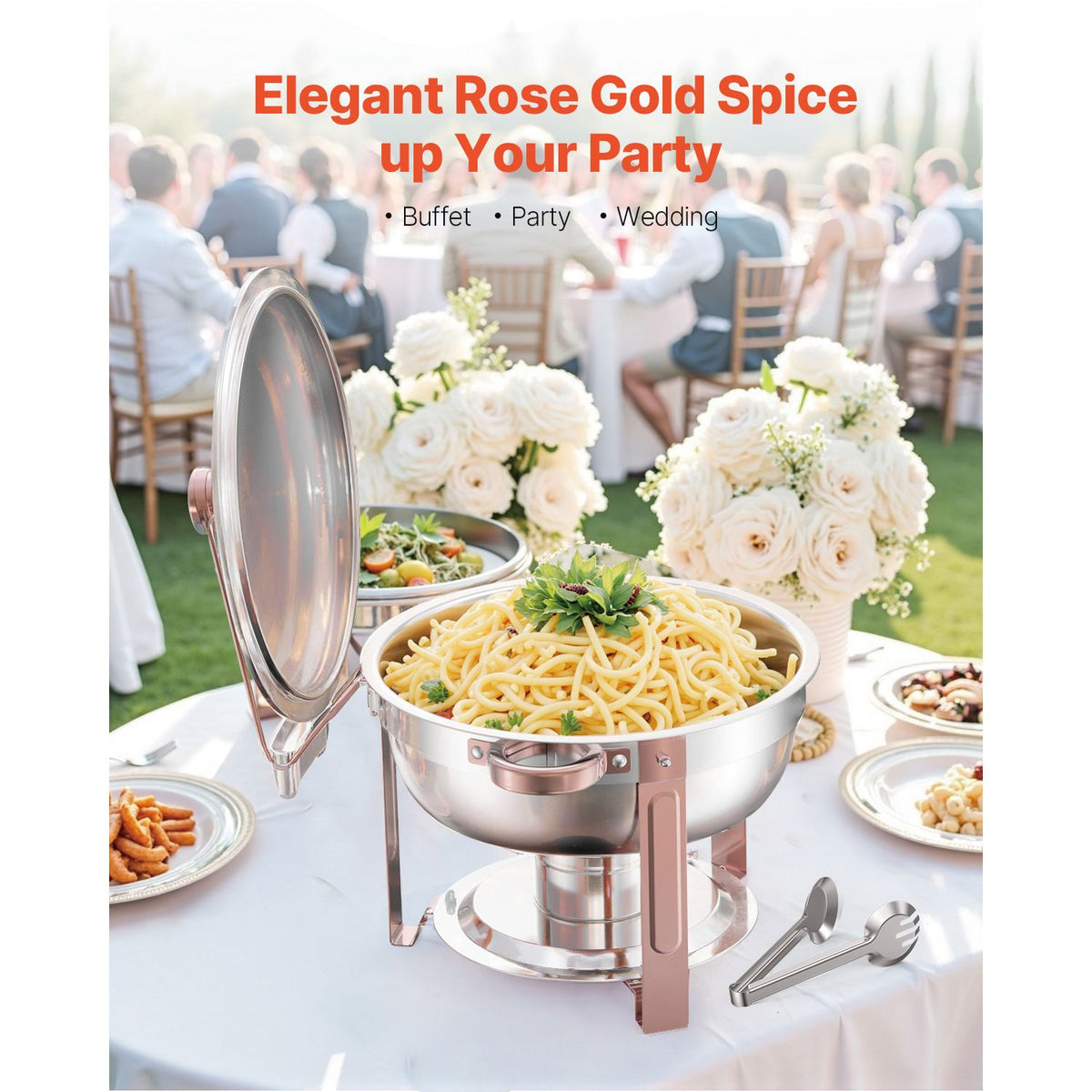 Chafing Dish Buffet Set, 5 Qt 4 Pack, Stainless Steel Chafer with 4 Full Size Pans, Round Catering Warmer Server with Lid Water Pan Folding Stand Clip, for Weddings Parties Banquets, Rose Gold