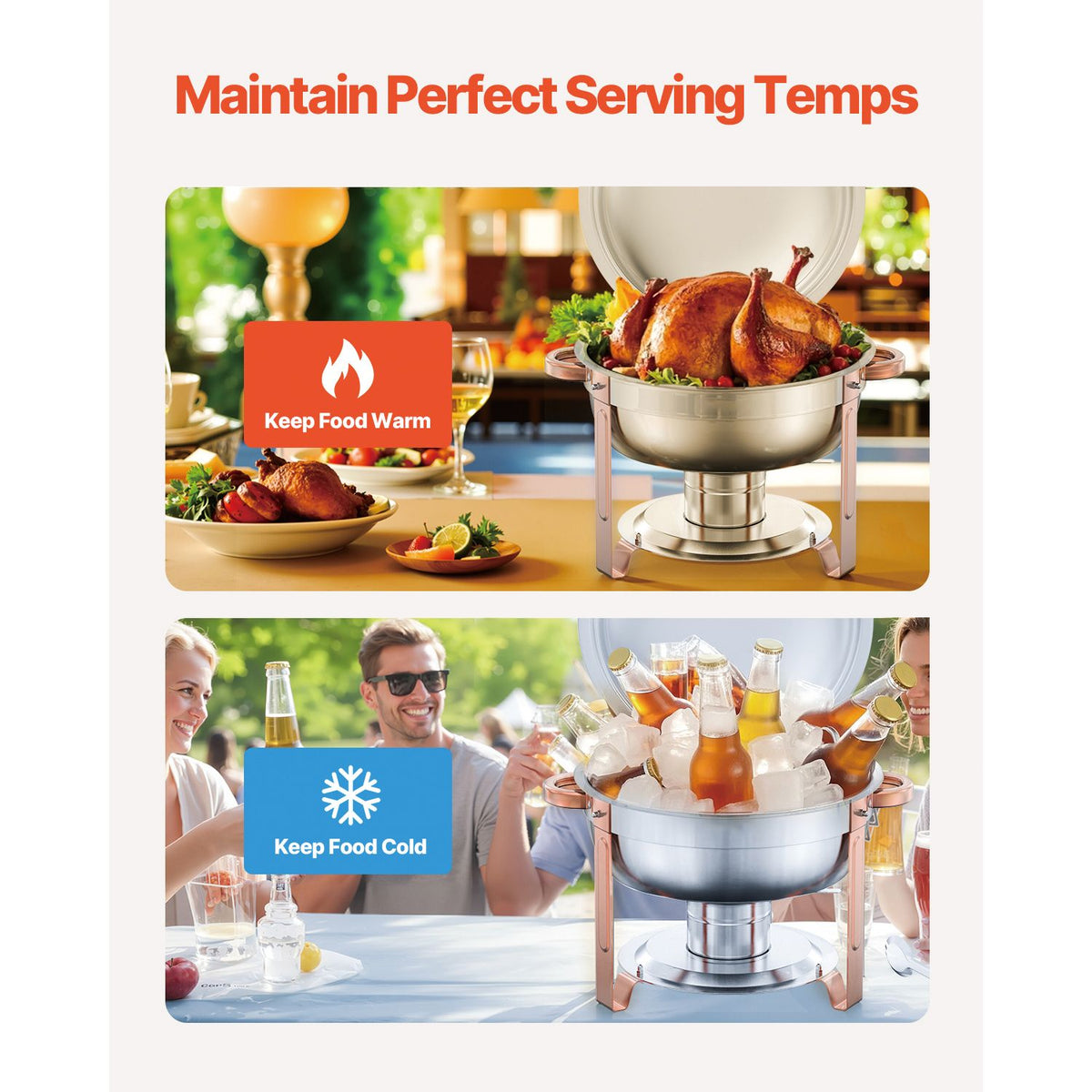 Chafing Dish Buffet Set, 5 Qt 4 Pack, Stainless Steel Chafer with 4 Full Size Pans, Round Catering Warmer Server with Lid Water Pan Folding Stand Clip, for Weddings Parties Banquets, Rose Gold