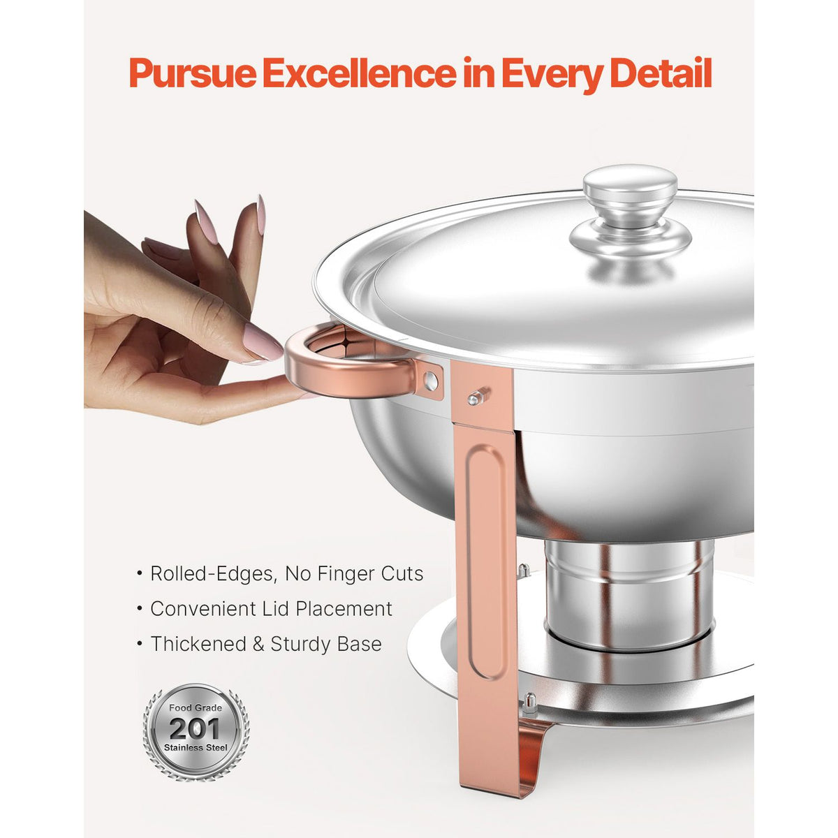 Chafing Dish Buffet Set, 5 Qt 4 Pack, Stainless Steel Chafer with 4 Full Size Pans, Round Catering Warmer Server with Lid Water Pan Folding Stand Clip, for Weddings Parties Banquets, Rose Gold
