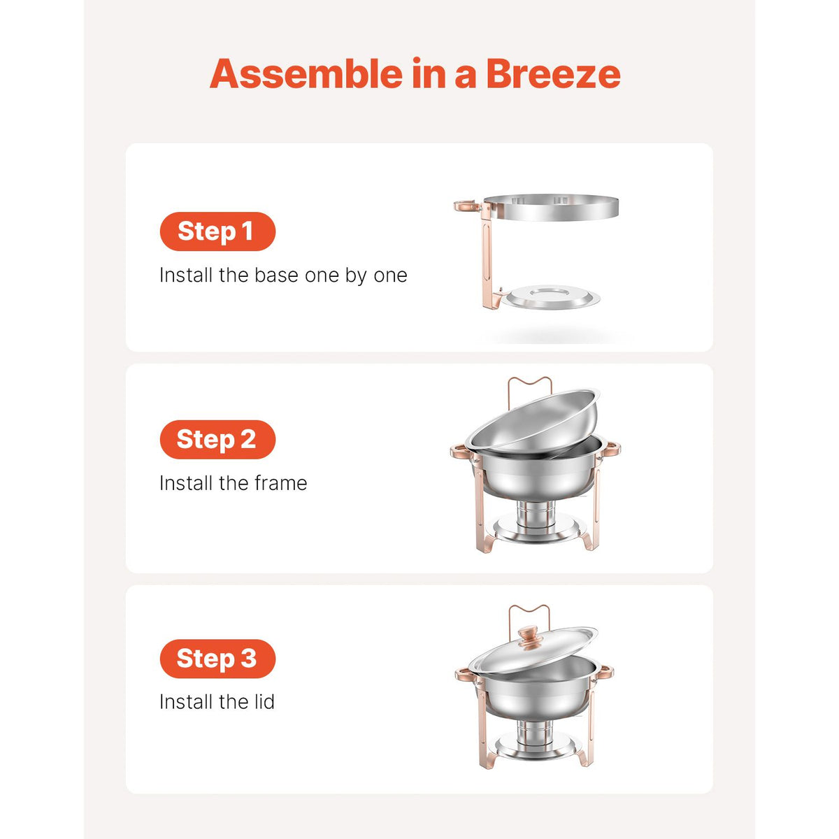 Chafing Dish Buffet Set, 5 Qt 4 Pack, Stainless Steel Chafer with 4 Full Size Pans, Round Catering Warmer Server with Lid Water Pan Folding Stand Clip, for Weddings Parties Banquets, Rose Gold
