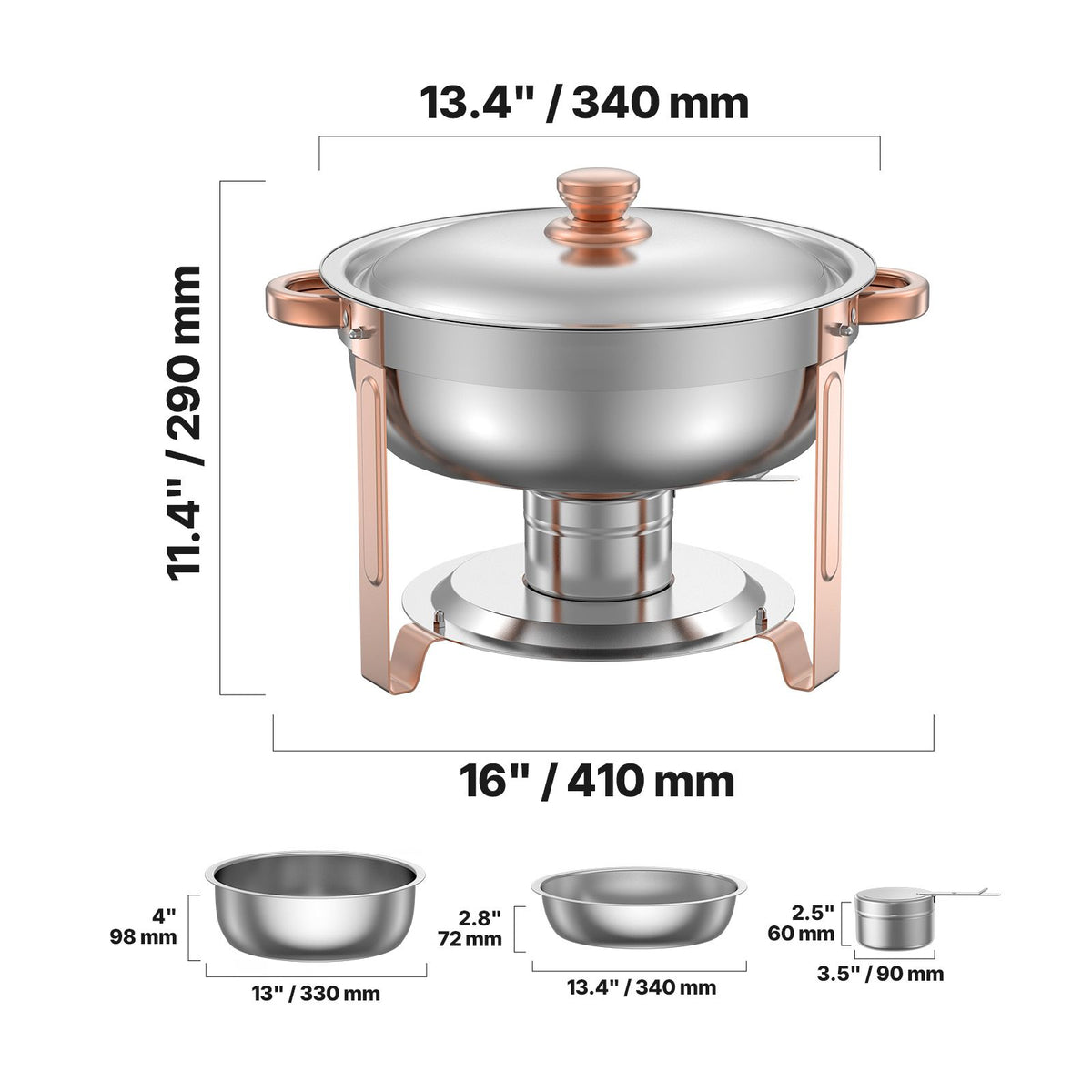 Chafing Dish Buffet Set, 5 Qt 4 Pack, Stainless Steel Chafer with 4 Full Size Pans, Round Catering Warmer Server with Lid Water Pan Folding Stand Clip, for Weddings Parties Banquets, Rose Gold