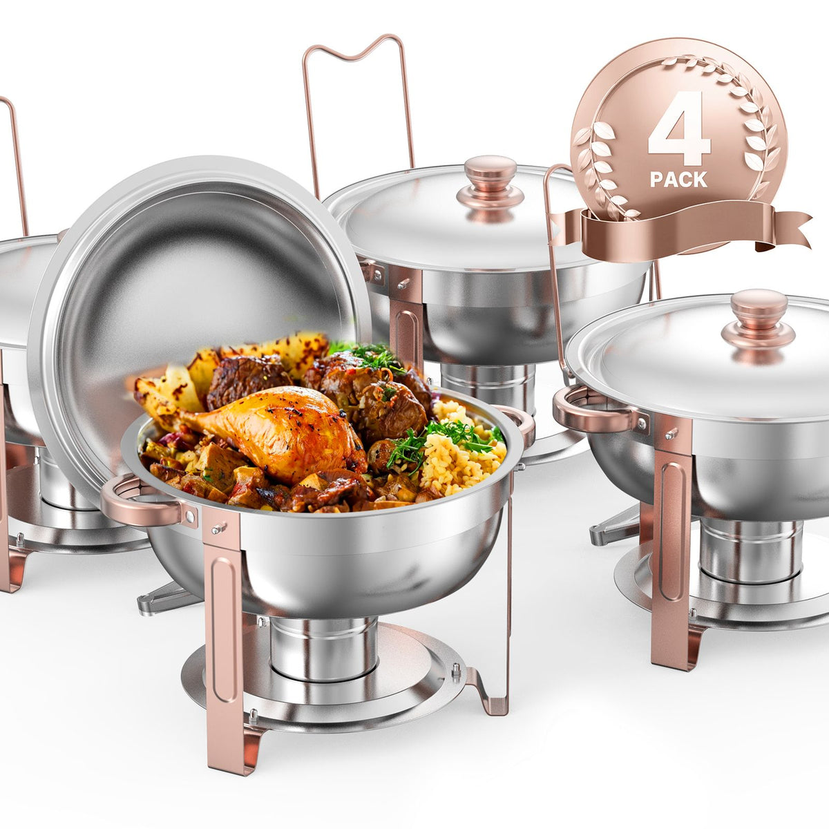 Chafing Dish Buffet Set, 5 Qt 4 Pack, Stainless Steel Chafer with 4 Full Size Pans, Round Catering Warmer Server with Lid Water Pan Folding Stand Clip, for Weddings Parties Banquets, Rose Gold