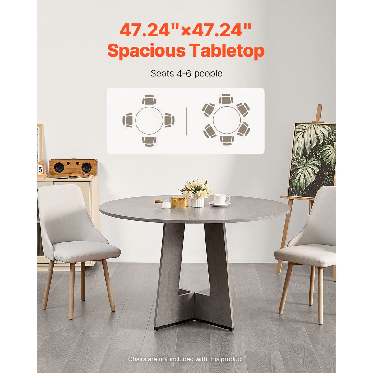 Round Dining Table, 47 inch Wood Table for 4-6 Person, Farmhouse Circle Dinner Furniture, Rustic Leisure Tables with Thick Wooden Legs, for Home Kitchen Living Room, Grey (Only Table)