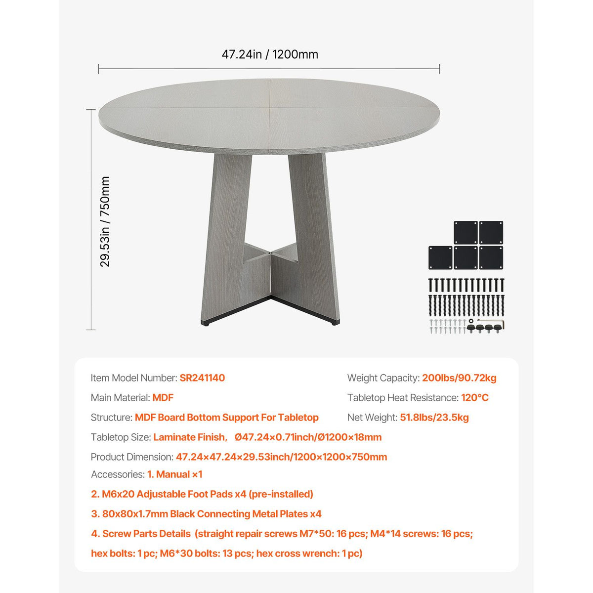 Round Dining Table, 47 inch Wood Table for 4-6 Person, Farmhouse Circle Dinner Furniture, Rustic Leisure Tables with Thick Wooden Legs, for Home Kitchen Living Room, Grey (Only Table)