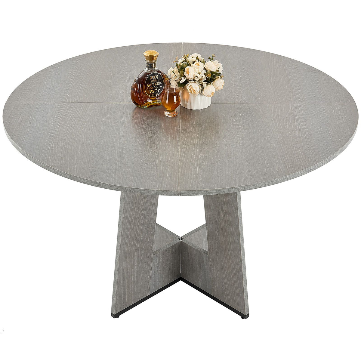 Round Dining Table, 47 inch Wood Table for 4-6 Person, Farmhouse Circle Dinner Furniture, Rustic Leisure Tables with Thick Wooden Legs, for Home Kitchen Living Room, Grey (Only Table)