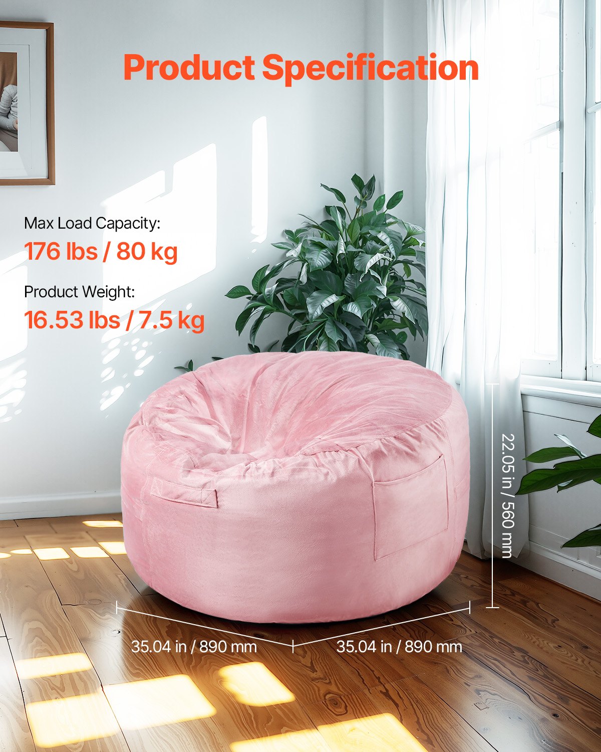 Outdoor Chairs: VEVOR 91 cm Round Bean Bag Chair with Removable Cover & Dutch Velvet Pink