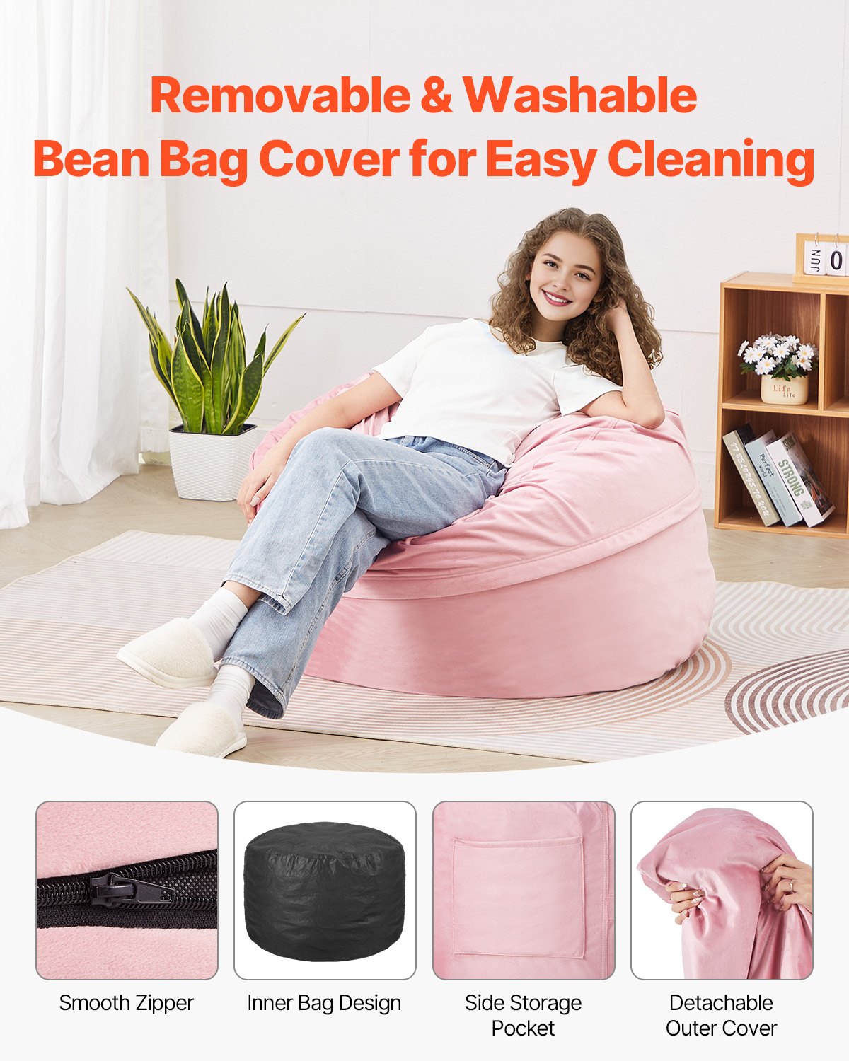 Outdoor Chairs: VEVOR 91 cm Round Bean Bag Chair with Removable Cover & Dutch Velvet Pink