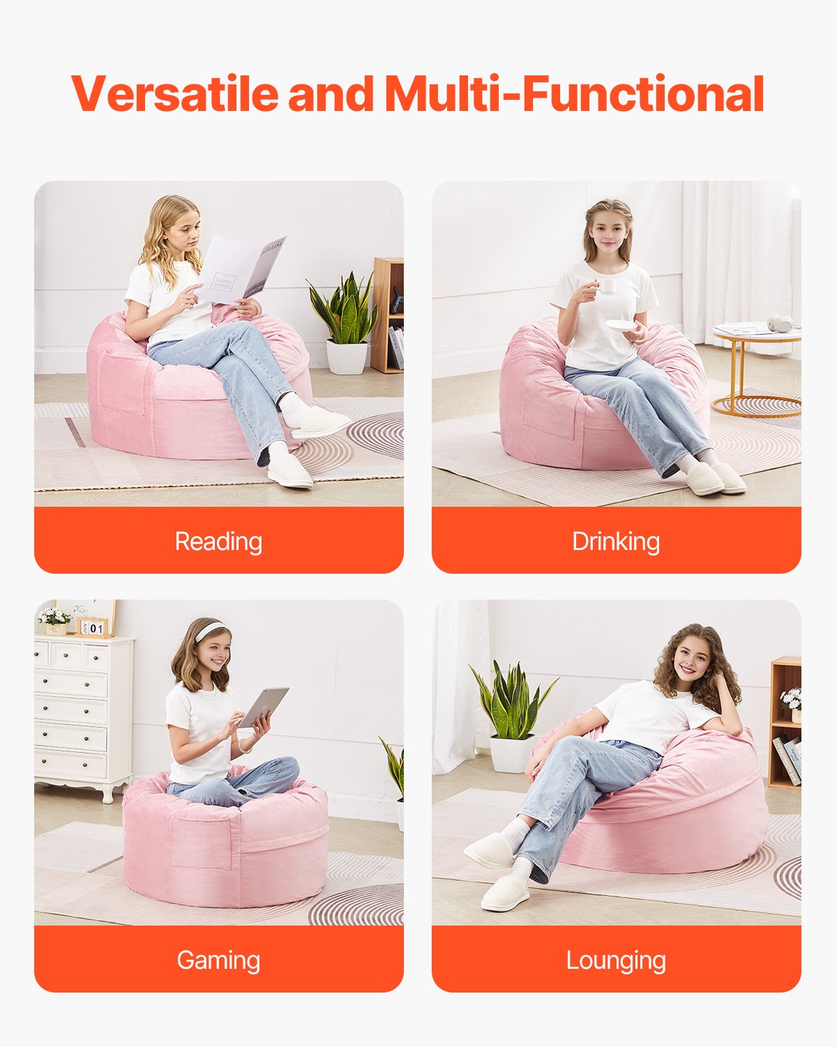 Outdoor Chairs: VEVOR 91 cm Round Bean Bag Chair with Removable Cover & Dutch Velvet Pink