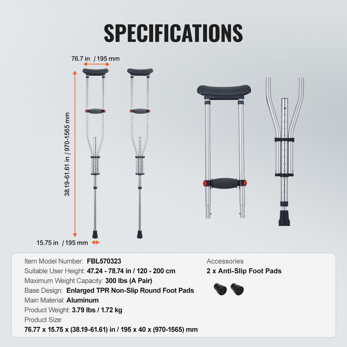 Underarm Crutches, 13-Level Height Adjustable Underarm Walking Crutches, Lightweight Aluminum Crutches for Adults Teenager - with Soft Underarm Pad for Leg Injury Surgery Disabled, 1 Pair 300LBS