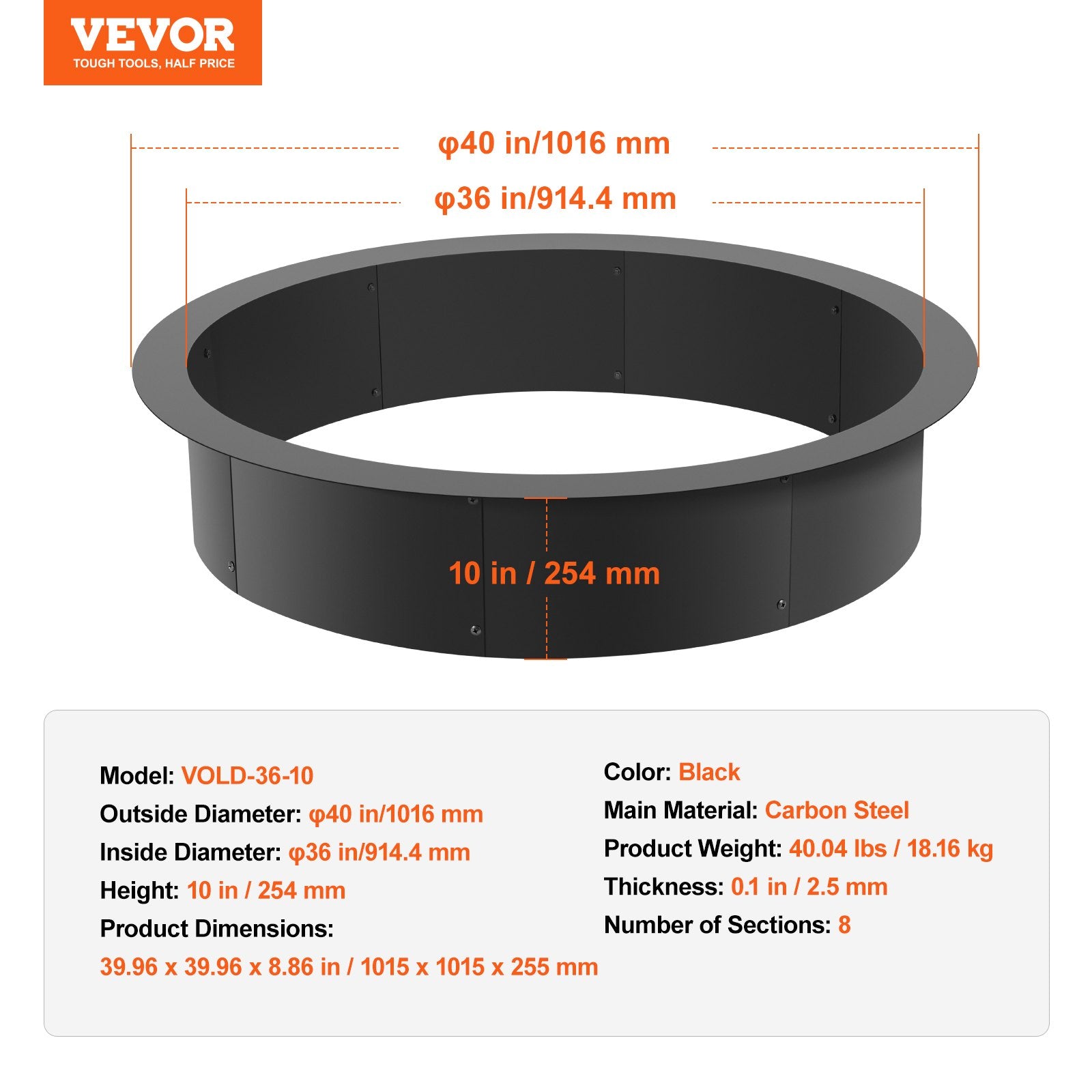Pool Covers & Accessories: VEVOR Fire Pit Ring, 40-Inch Outer/36-Inch Inner Diameter, 10inch Height 2.5mm Thick Fire Pit Insert, Heavy Duty Carbon Steel Liner DIY Campfire Ring above or In-Ground, for Outdoor Camping, Bonfires