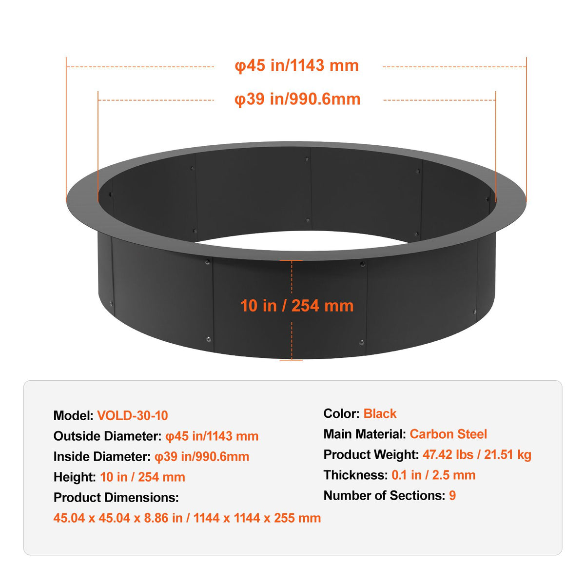 Fire Pit Ring, 44-Inch Outer/39-Inch Inner Diameter, 10inch Height 2.5mm Thick Fire Pit Insert, Heavy Duty Carbon Steel Liner DIY Campfire Ring above or In-Ground, for Outdoor Camping, Bonfires