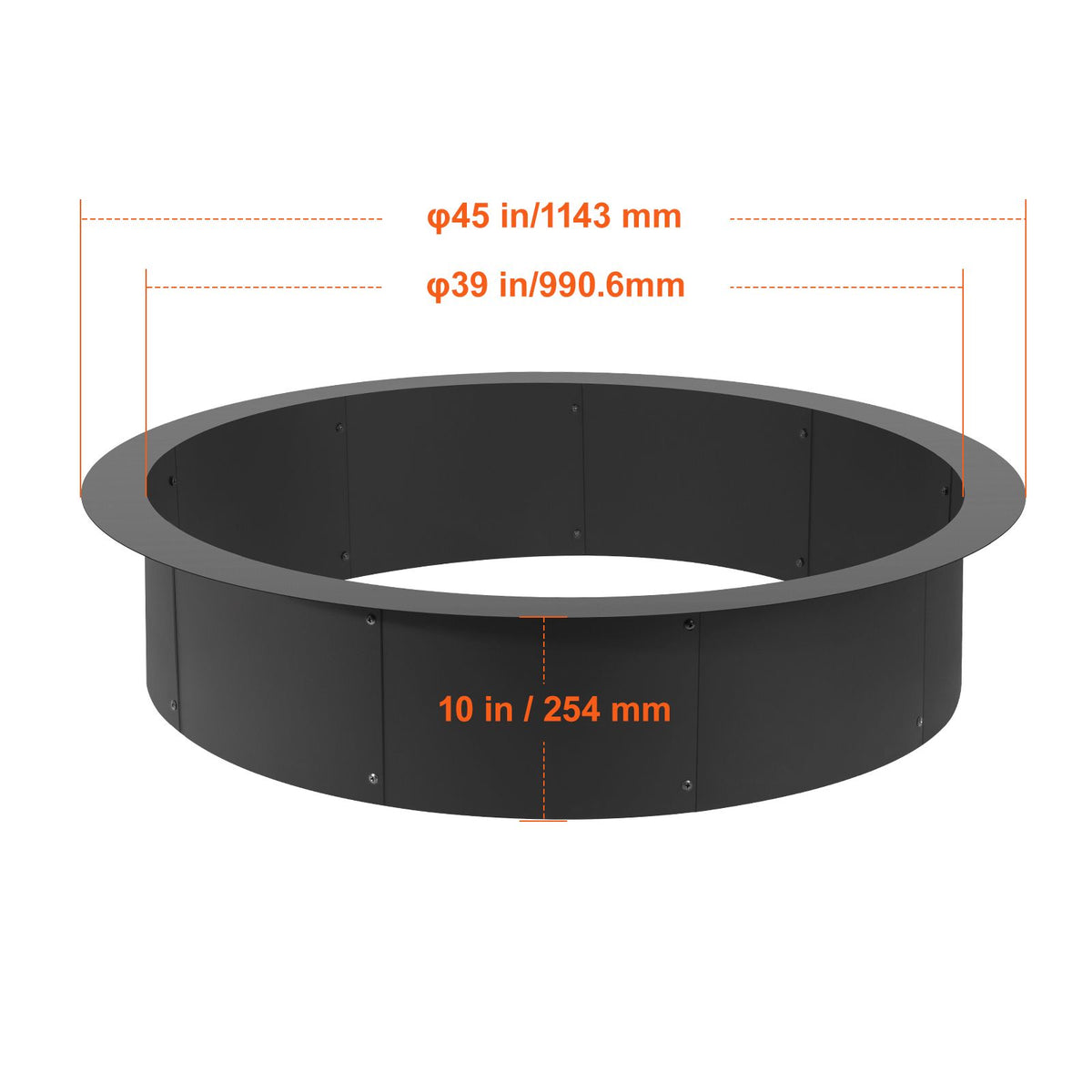 Fire Pit Ring, 44-Inch Outer/39-Inch Inner Diameter, 10inch Height 2.5mm Thick Fire Pit Insert, Heavy Duty Carbon Steel Liner DIY Campfire Ring above or In-Ground, for Outdoor Camping, Bonfires
