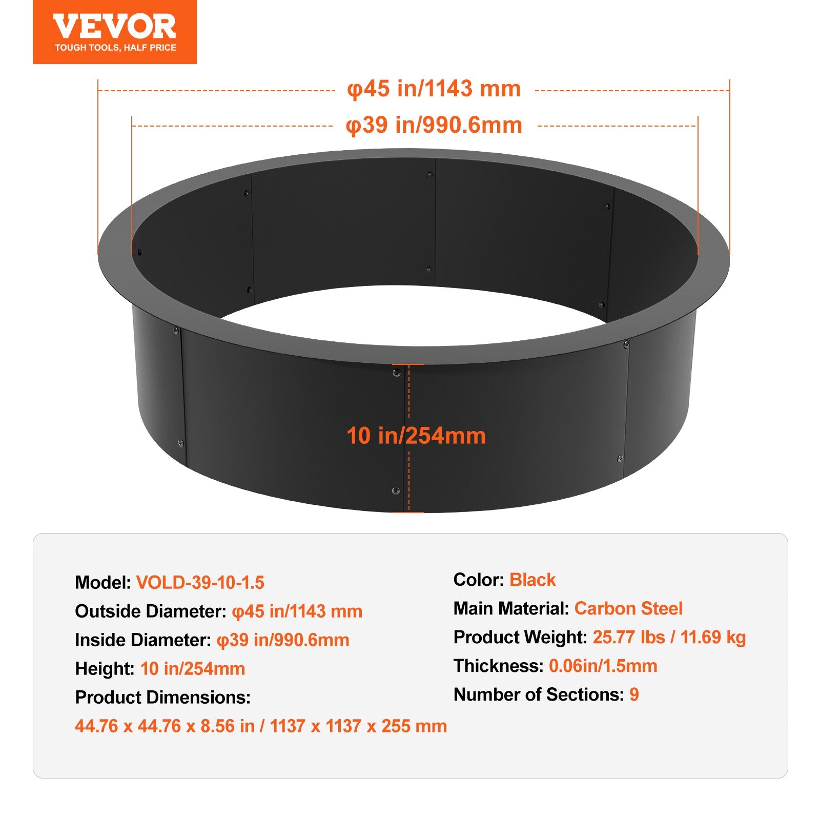 Fire Pits: VEVOR Fire Pit Ring Round 45 Inch Outer Steel Liner DIY Campfire Ring Firepit