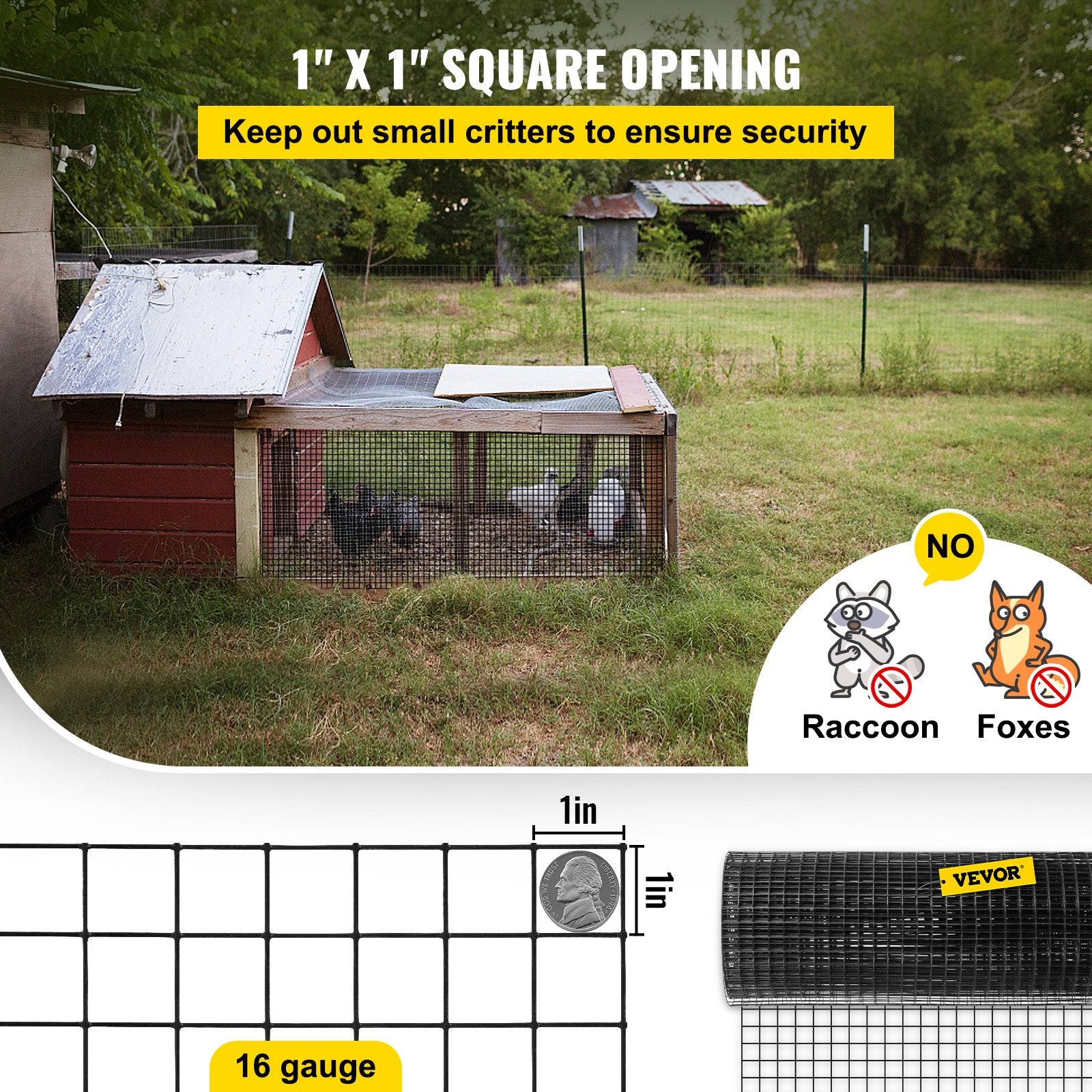 Hardware Cloth, 24"" x50\' & 1""x1"" Mesh Size, Galvanized Steel Vinyl Coated 16 Gauge Welded Wire with A Cutting Plier & A Pair of Fabric Gloves, for Garden Fencing & Pet Enclosures, Black