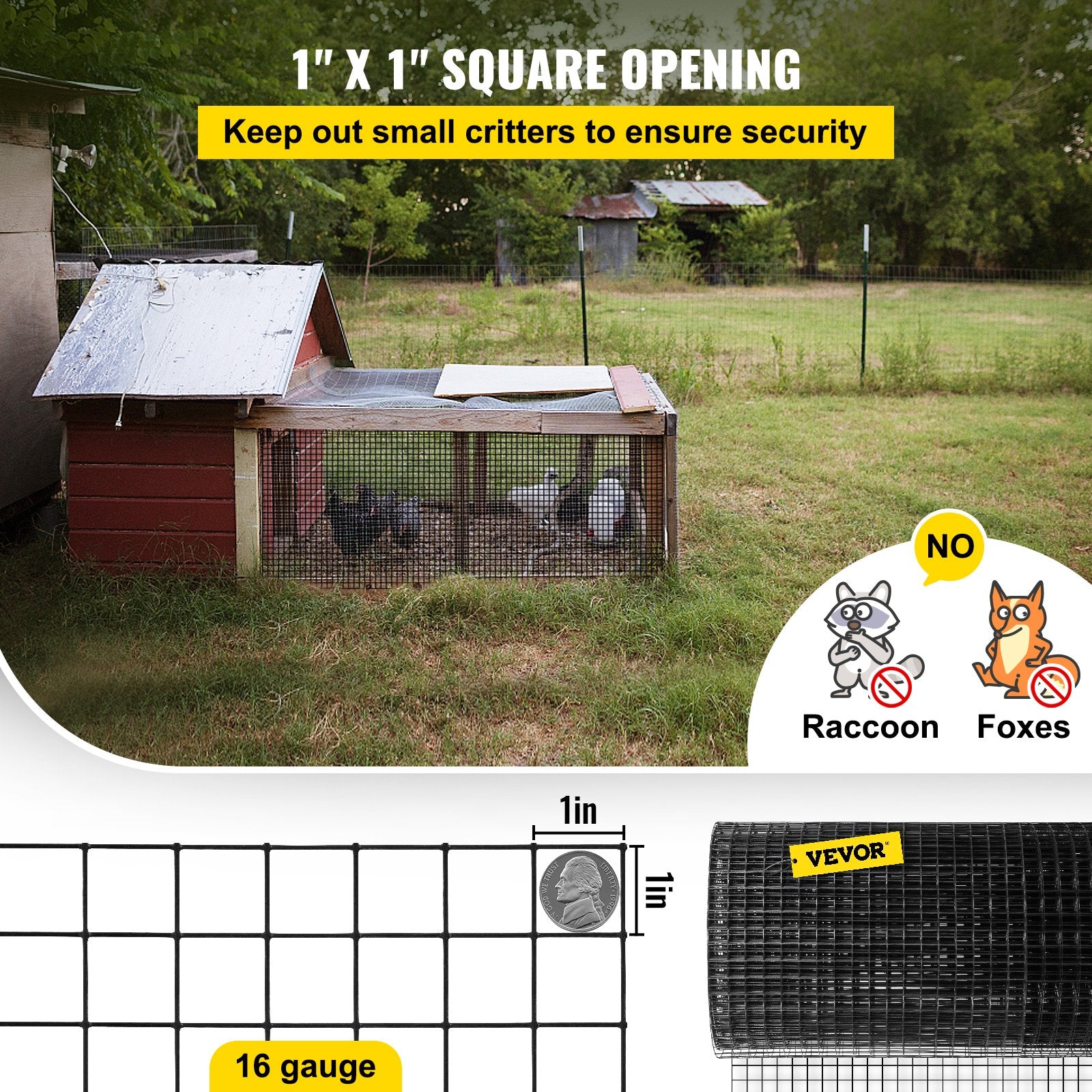 Fencing: VEVOR Hardware Cloth, 48"" x 50\' & 1""x1"" Mesh Size, Galvanized Steel Vinyl Coated 16 Gauge Chicken Wire Fencing with A Cutting Plier & A Pair of Fabric Gloves, for Garden Fencing & Pet Enclosures,