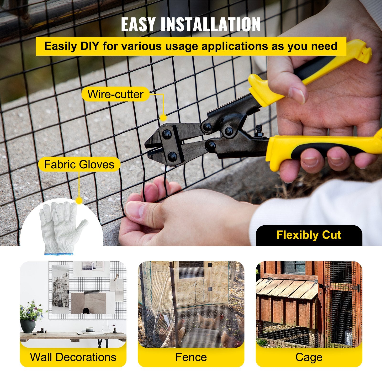 Fencing: VEVOR Hardware Cloth, 48"" x 50\' & 1""x1"" Mesh Size, Galvanized Steel Vinyl Coated 16 Gauge Chicken Wire Fencing with A Cutting Plier & A Pair of Fabric Gloves, for Garden Fencing & Pet Enclosures,