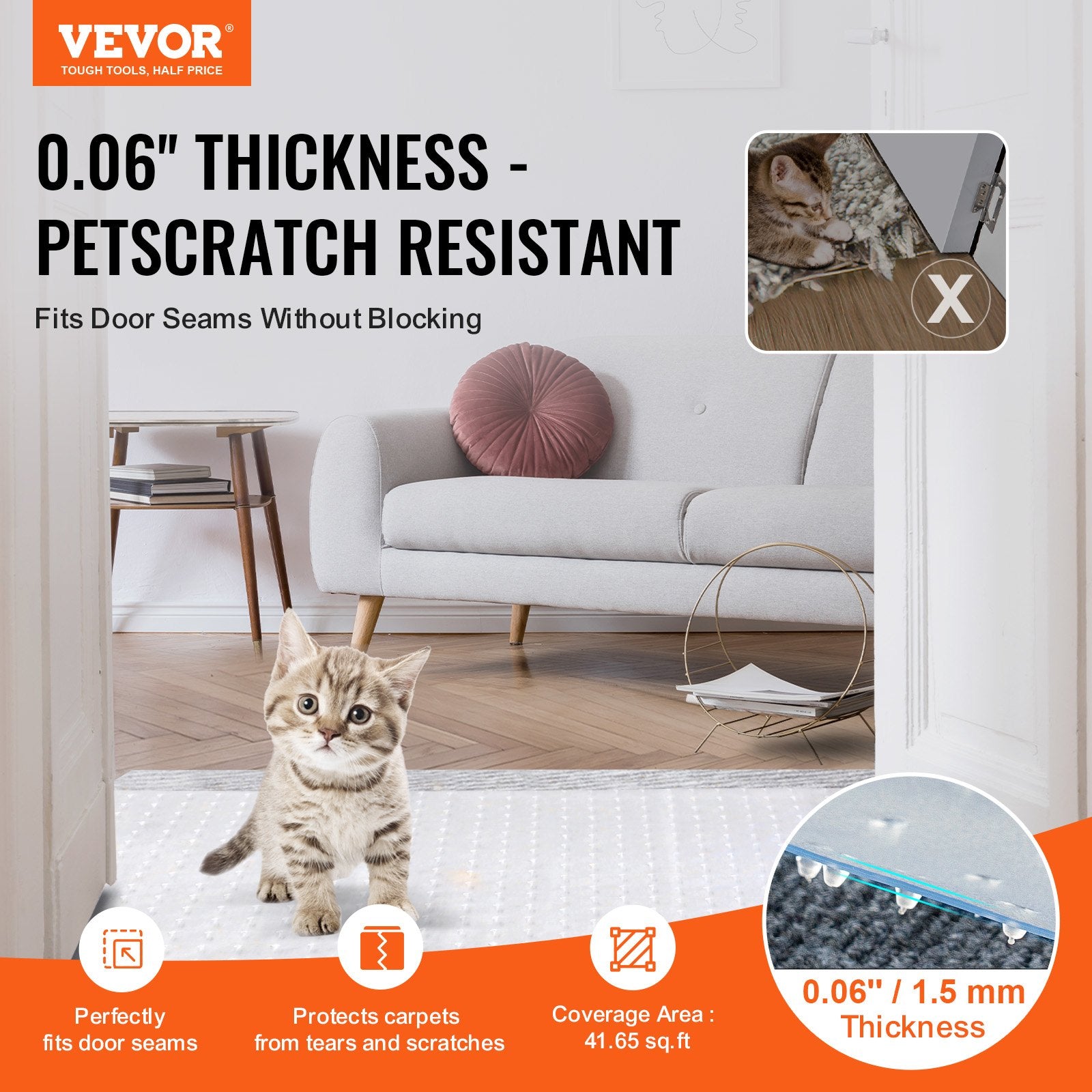 Carpet Protector for Pets, 15" x 4' PVC Scratch-Proof Cat Carpet Protector for Doorway, Anti-Slip Cat Scratch Protector Mat, Easy to Cut Plastic Carpet Scratch Stopper, Cat Scratch Guard Carpet